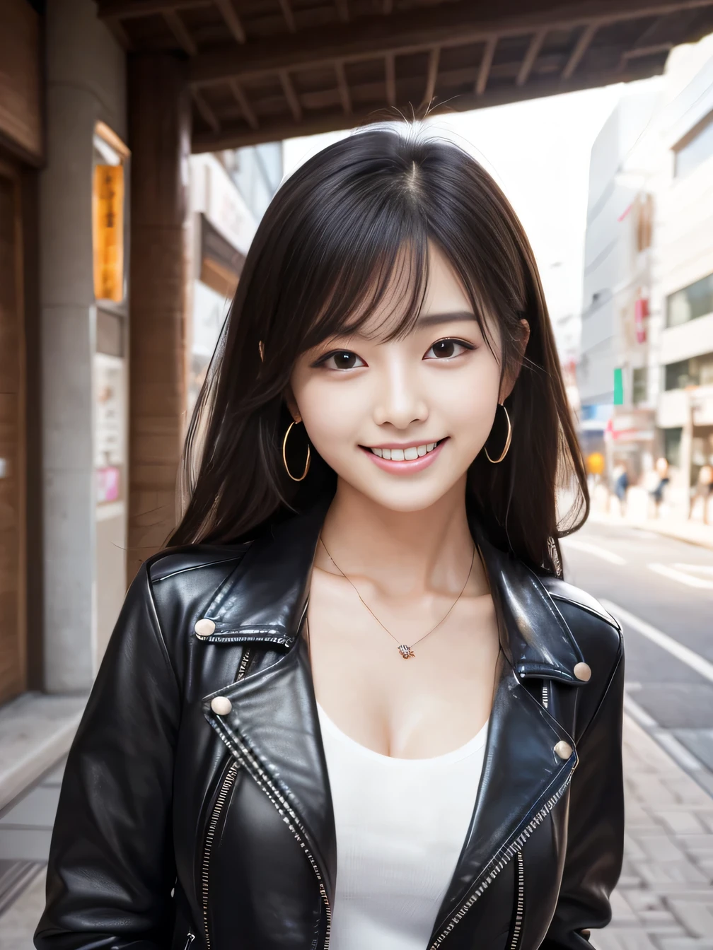 Ultra-high resolution, Superior Quality, highest quality, Very detailed, Realistic, 8k, RAW Photos, highest quality, masterpiece, Attractive girl, Awesome girl, Black Hair、 Japanese Idols, Sophisticated, stylish, leather jacket、shirt、smile、Beautiful teeth alignment、ear piercing、Necklace around the neck、

