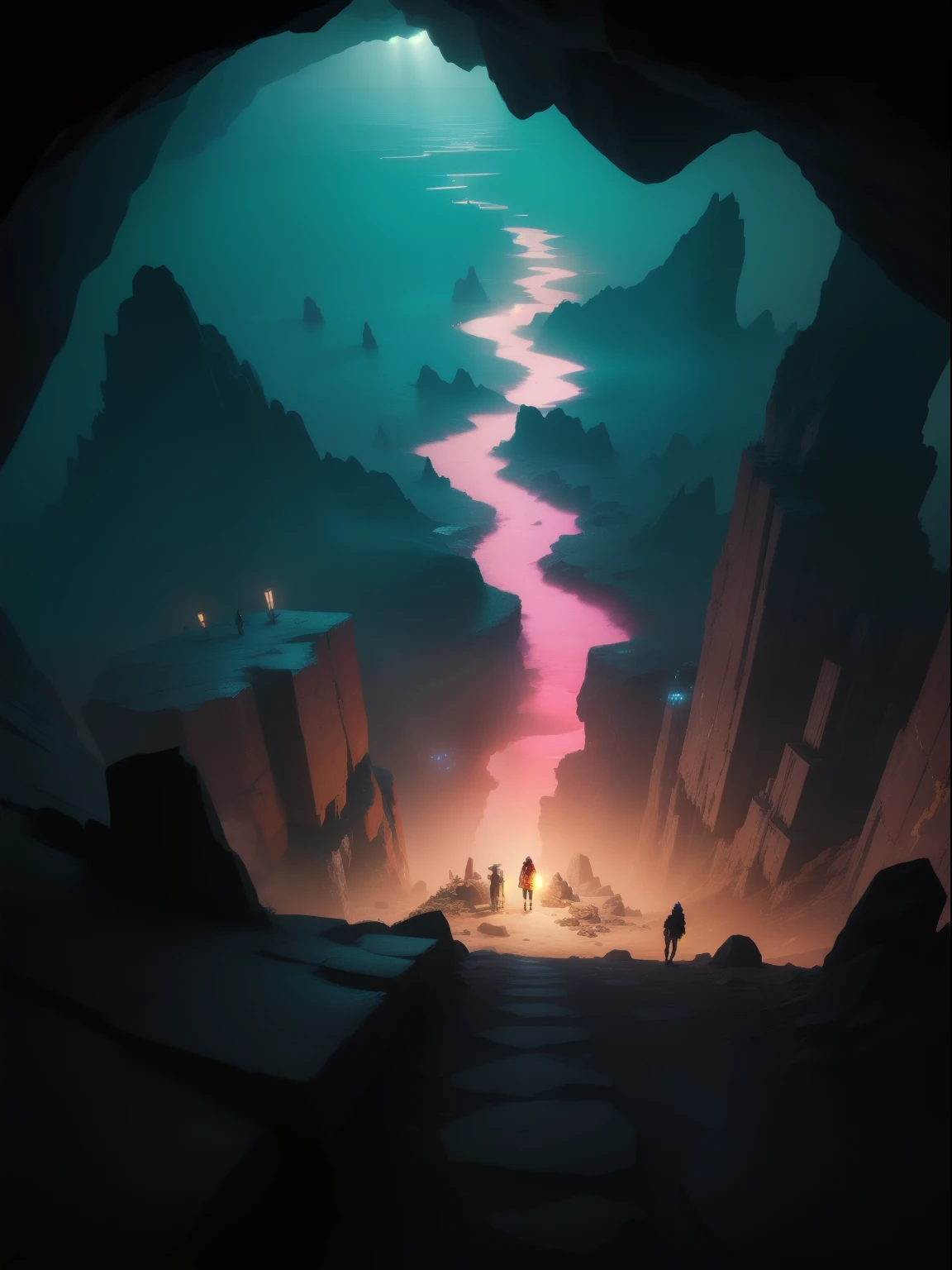 ((masterpiece), best quality, high quality, professional quality, Very detailed, High resolution, Perfect lighting, Natural Lighting), Time bends, Neon-lit cyberpunk streets, rock, Top View,Overlooking,Drone view,deep sea,seabed,rock下的小洞,rock废墟近景,Outside the strange cave,The Devil's Cave,The scary hole,Entrance to the Abyss