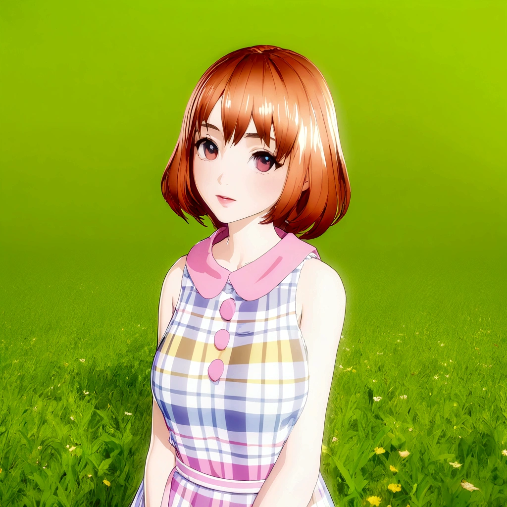 Anime girl standing in a meadow wearing a plaid dress, sayori, Cute realistic portrait, Smooth anime CG art, Realistic Anime 3D Style, Realistic young anime girl, In the grassland, Front view of a girl in a flower field, My Dress Up Darling Anime, Surreal , Anime-style 3D, Cute 3D anime girl render, Cloth shim