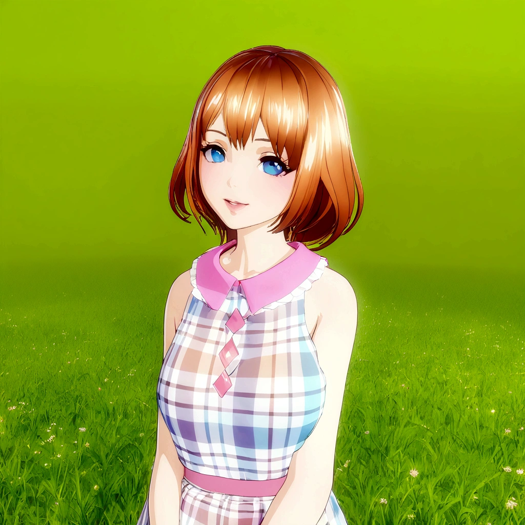Anime girl standing in a meadow wearing a plaid dress, sayori, Cute realistic portrait, Smooth anime CG art, Realistic Anime 3D Style, Realistic young anime girl, In the grassland, Front view of a girl in a flower field, My Dress Up Darling Anime, Surreal Teen, Anime-style 3D, Cute 3D anime girl render, Cloth shim