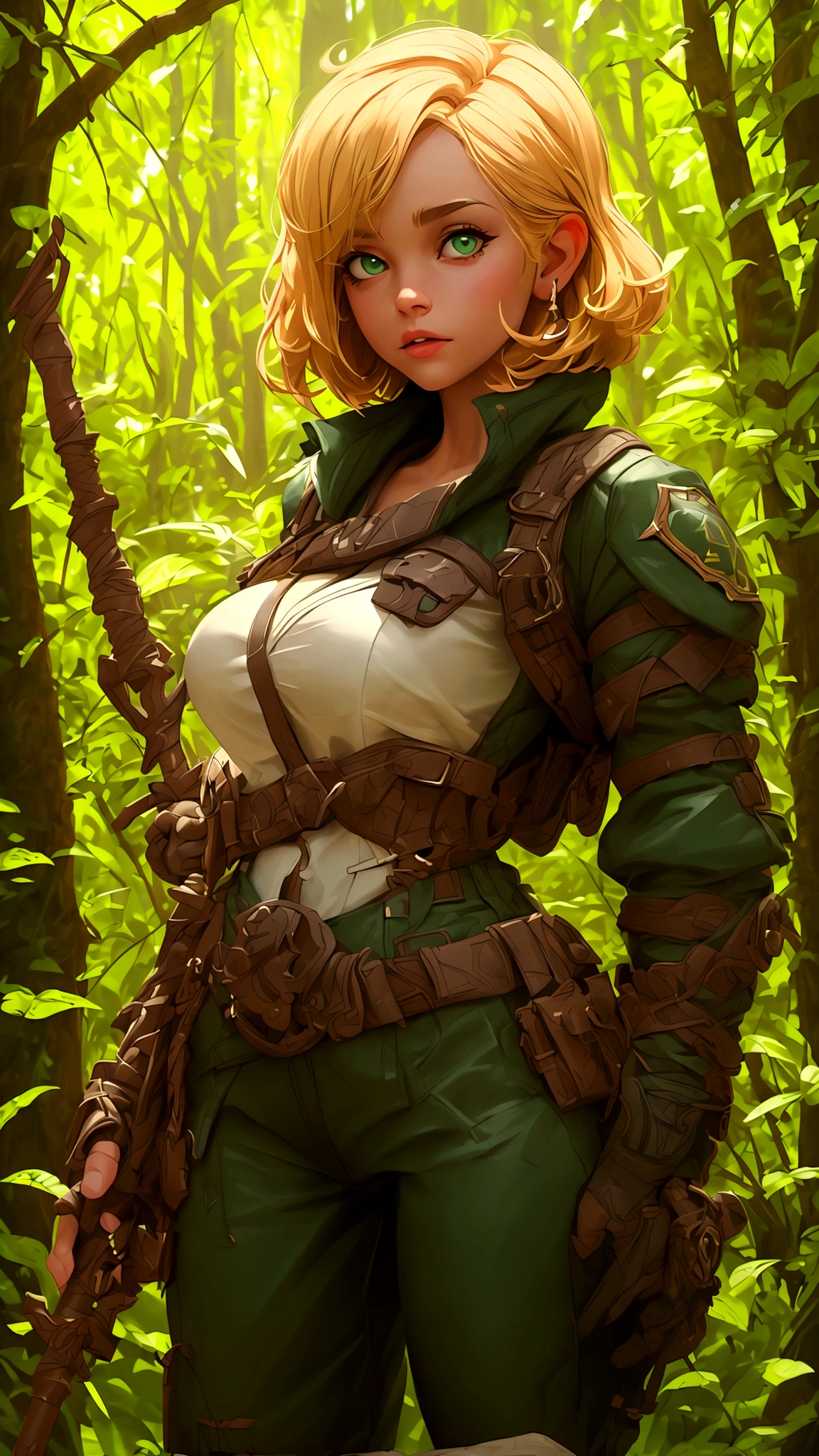 (best quality,4k,8k,highres,masterpiece:1.2),ultra-detailed, female ranger, short blond hair, spear, white shirt, green leather vest, green trousers, brown boots, A-cup, in the woods, AIKA, HDR, 8k, absurdres, cinestill 800, sharp focus, add_detail:2, (solo, woman)