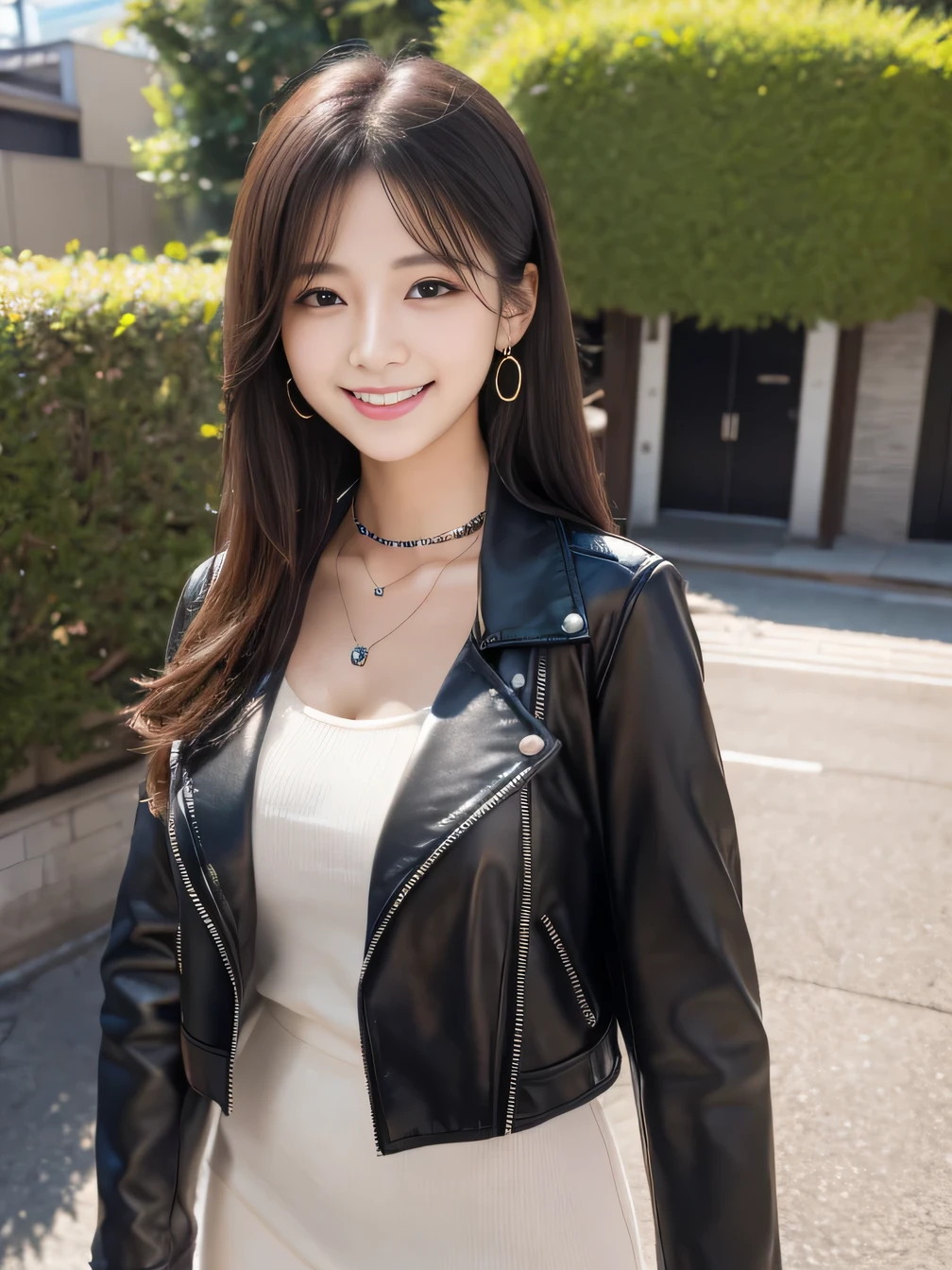 Ultra-high resolution, Superior Quality, highest quality, Very detailed, Realistic, 8k, RAW Photos, highest quality, masterpiece, Attractive girl, Awesome girl, Black Hair、 Japanese Idols, Sophisticated, stylish, leather jacket、shirt、smile、Beautiful teeth alignment、ear piercing、Necklace around the neck、