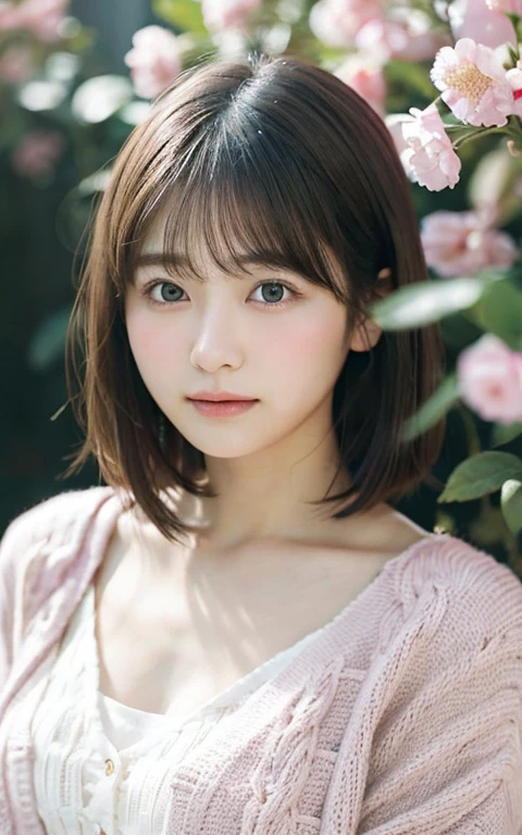 Tabletop, highest quality, 8k, 20th Generation, 大きな豊かな?????, cute, alone, sad, cute, Girlish, Delicate girl, Pure beauty,  RAW Photos, Professional photography, Portraiture, Soft Light, Professional Lighting, Backlight, Upper Body, avert your eyes, Sophisticated, Film Grain, (Eye and facial details:1.0), Short floating hair, Beautiful, flowing hair, bangs, Pink Cardigan、?????、 outside、???????