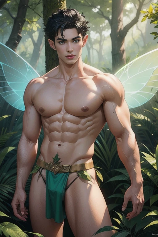 looking at the camera,perfect eyes,high detailed,uhd 8k,ultra realistic,photorealistic, yellow and green holographic colors, futuristic, cartoon rendering, cinematic shot, best quality, masterpiece, realistic, 1boy, handsome young looking babyface, elven ears, instagram model, fairy wings, topless, (loincloth underwear:1.1), puffy nipples, torso shot, short hair spiked black hair, forest background, fantastical, overgrown trees and plants,