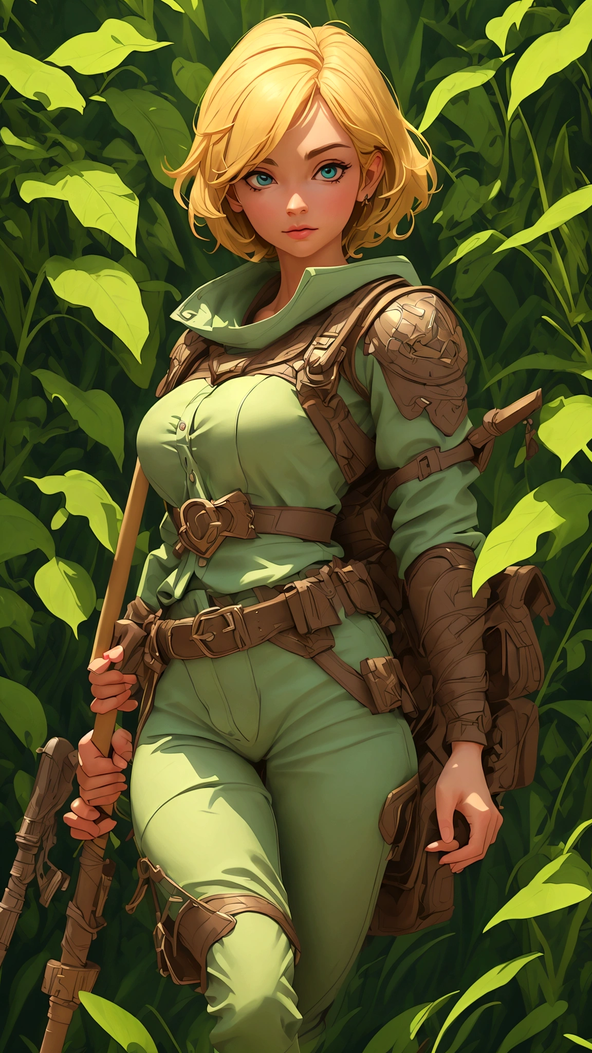 (best quality,4k,8k,highres,masterpiece:1.2),ultra-detailed, female ranger, short blond hair, spear, white shirt, green leather vest, green trousers, brown boots, A-cup, in the woods, AIKA, HDR, 8k, absurdres, cinestill 800, sharp focus, add_detail:2, (solo, woman)