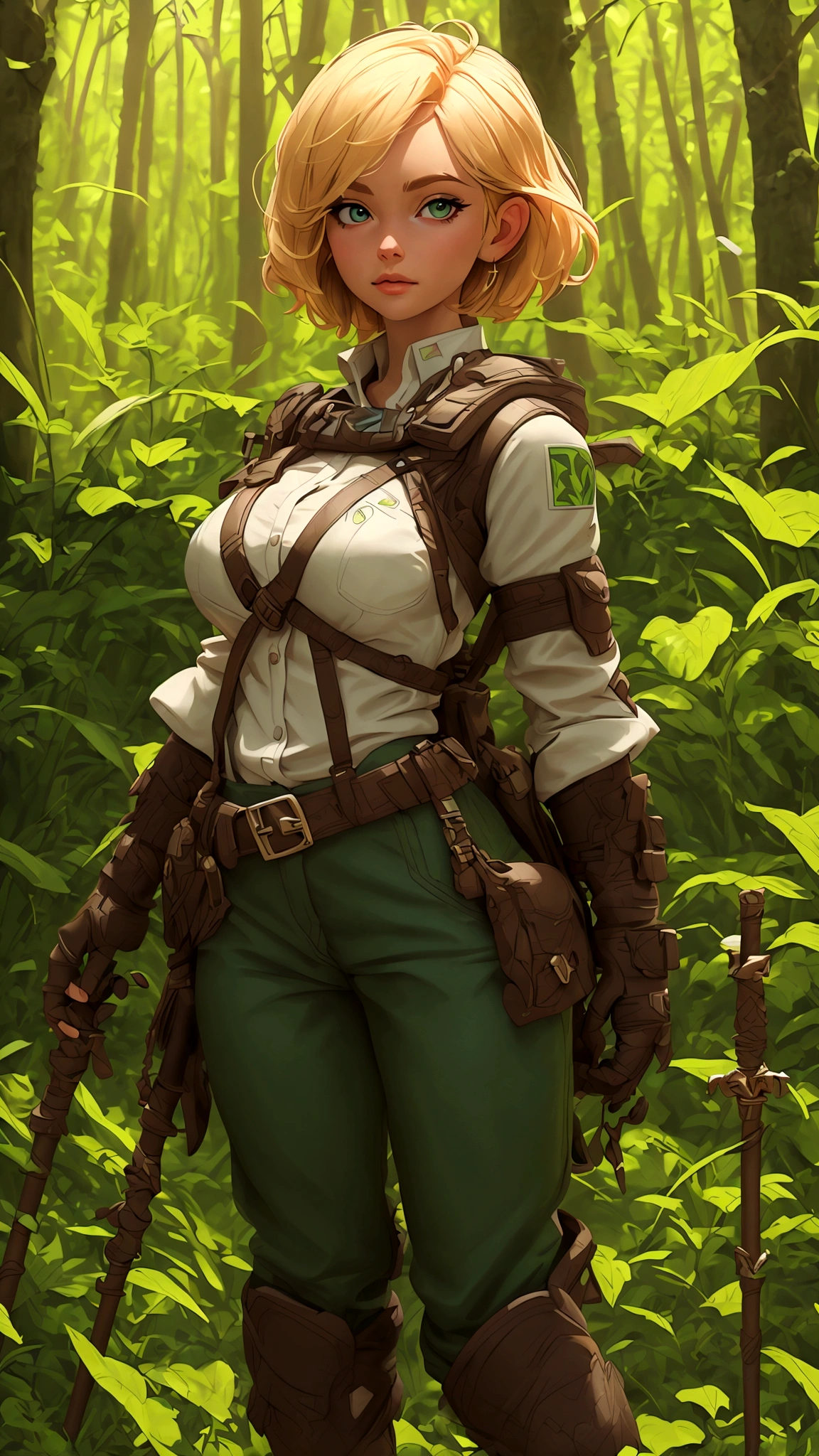 (best quality,4k,8k,highres,masterpiece:1.2),ultra-detailed, female ranger, short blond hair, spear, white shirt, green leather vest, green trousers, brown boots, A-cup, in the woods, AIKA, HDR, 8k, absurdres, cinestill 800, sharp focus, add_detail:2, (solo, woman)