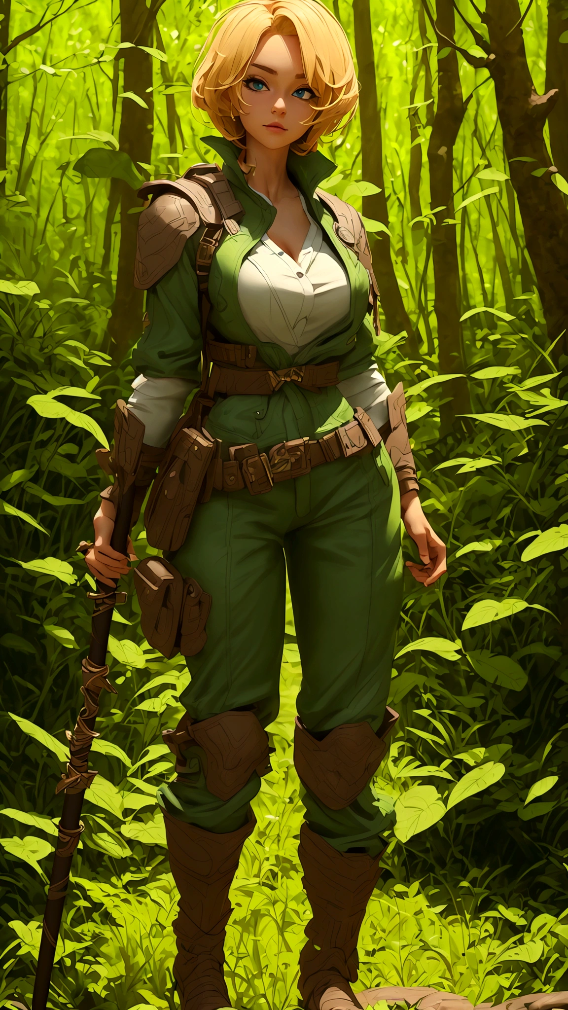 (best quality,4k,8k,highres,masterpiece:1.2),ultra-detailed, female ranger, short blond hair, spear, white shirt, green leather vest, green trousers, brown boots, A-cup, in the woods, AIKA, HDR, 8k, absurdres, cinestill 800, sharp focus, add_detail:2, (solo, woman)