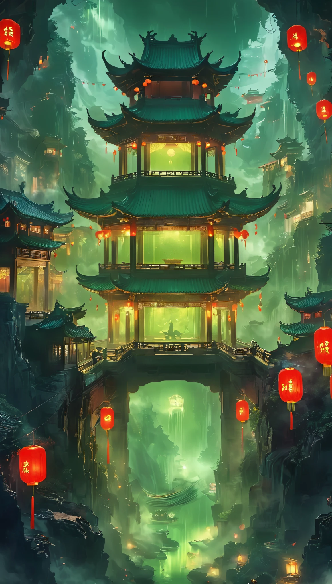 Unforgettable Chinese Ghost Stories, Weird Chinese architecture, Qixi Festival, Green Ghost Soup, Munpo Bridge, Noodle Soup, Escort Ghost, Chain, Dark gloomy lights, Movie, fear, atmosphere, Surrealism, mystery, detailed