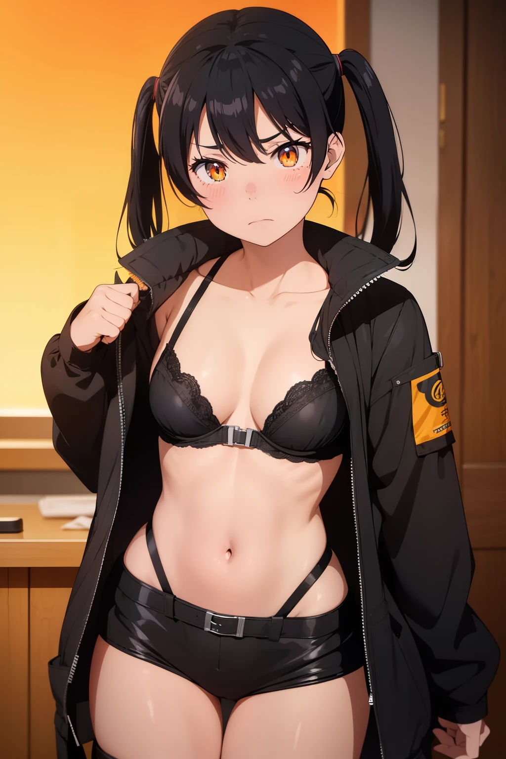 Tamaki kotatsu ,1girl , anime , masterpiece  ,twintails Black hair, jaqueta aberta open clothes , disappointed face , solo, **** body, gren jacket, open clothes, bra , small breasts ,pantie  ,garterbelt meias longas , looking at viewer , fire . 