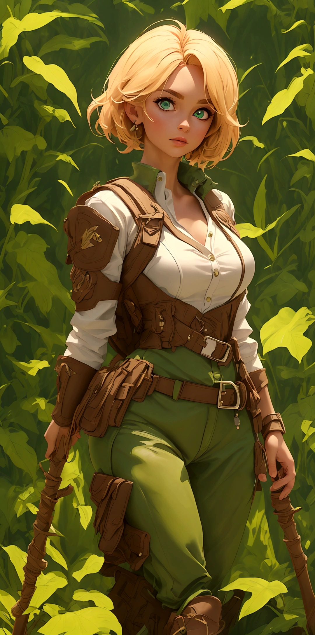 (best quality,4k,8k,highres,masterpiece:1.2),ultra-detailed, female ranger, short blond hair, spear, white shirt, green leather vest, green trousers, brown boots, A-cup, in the woods, AIKA, HDR, 8k, absurdres, cinestill 800, sharp focus, add_detail:2, (solo, woman)