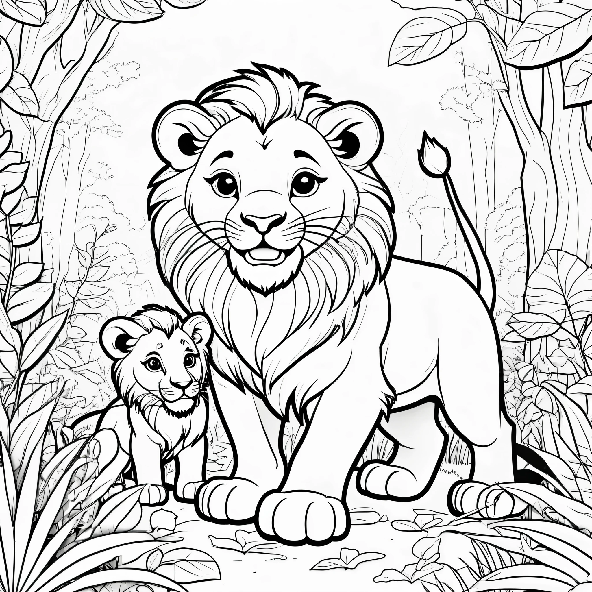 Cute and adorable lion and its Cub playing in to the woods, coloring page for kids, happy, smiling, surrounded by plants, vector art, minimalistic, vector 2d, black lines white background, coloring page for beginners, vector illustration, pencil strokes, no color, drawing for coloring, white background, pixar style, black and white
