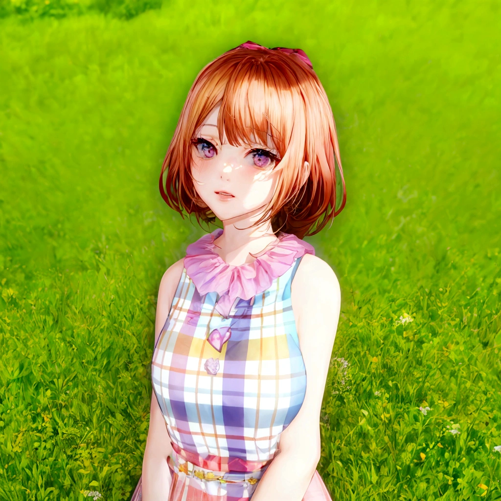 Anime girl standing in a meadow wearing a plaid dress, sayori, Cute realistic portrait, Smooth anime CG art, Realistic Anime 3D Style, Realistic young anime girl, In the grassland, Front view of a girl in a flower field, My Dress Up Darling Anime, Surreal , Anime-style 3D, Cute 3D anime girl render, Cloth shim