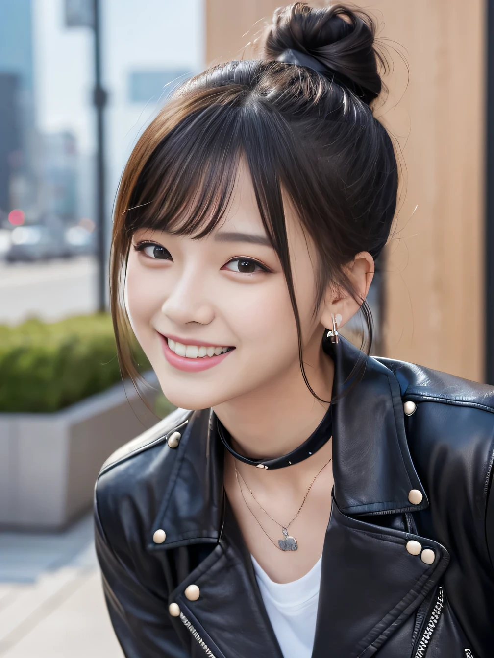 Ultra-high resolution, Superior Quality, highest quality, Very detailed, Realistic, 8k, RAW Photos, highest quality, masterpiece, Attractive girl, Awesome girl, Black Hair、Hairstyle bun、 Japanese Idols, Sophisticated, stylish, leather jacket、shirt、smile、Beautiful teeth alignment、ear piercing、Necklace around the neck、