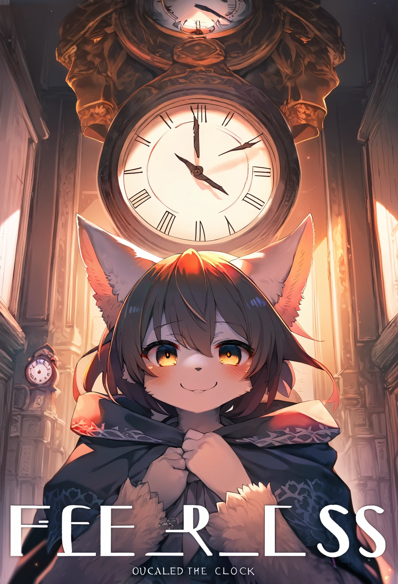 doujinshi cover_page, highres, top quality, best quality, paid reward available, unparalleled masterpiece, perfect artwork, absurdres, High-quality illustrations, super high resolution, detailed background, perfect anatomy(1girl, kemono, furry anthro, fearless smile, reach for the clock) in room with clock, fantasy artwork, cinematic lighting, Backlight,