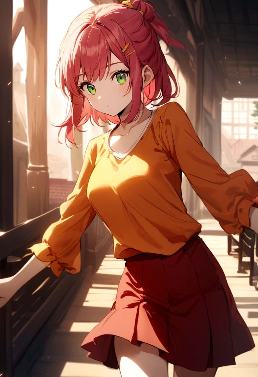 female with pink red hair, green eyes, orange shirt, yellow clip, red knee length skirt