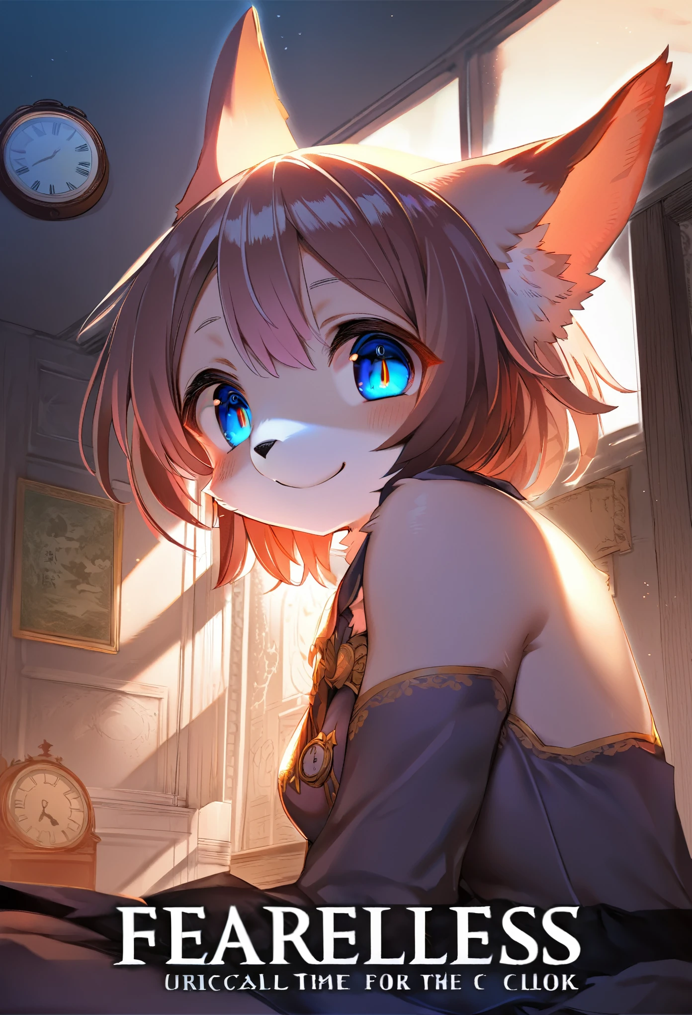 doujinshi cover_page, highres, top quality, best quality, paid reward available, unparalleled masterpiece, perfect artwork, absurdres, High-quality illustrations, super high resolution, detailed background, perfect anatomy(1girl, kemono, furry anthro, fearless smile, reach for the clock) in room with clock, fantasy artwork, cinematic lighting, Backlight,