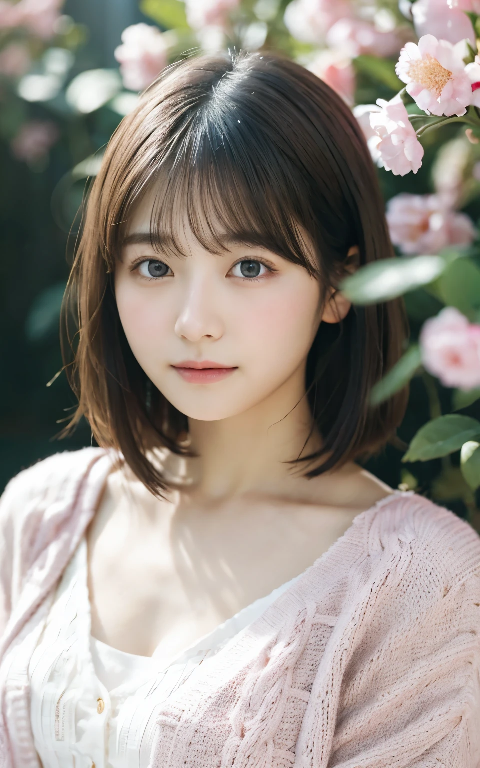 Tabletop, highest quality, 8k, 20th Generation, 大きな豊かなchest, cute, alone, sad, cute, Girlish, Delicate girl, Pure beauty, RAW Photos, Professional photography, Portraiture, Soft Light, Professional Lighting, Backlight, Upper Body, avert your eyes, Sophisticated, Film Grain, (Eye and facial details:1.0), Short floating hair, Beautiful, flowing hair, bangs, Pink Cardigan、chest、 outside、Nipples