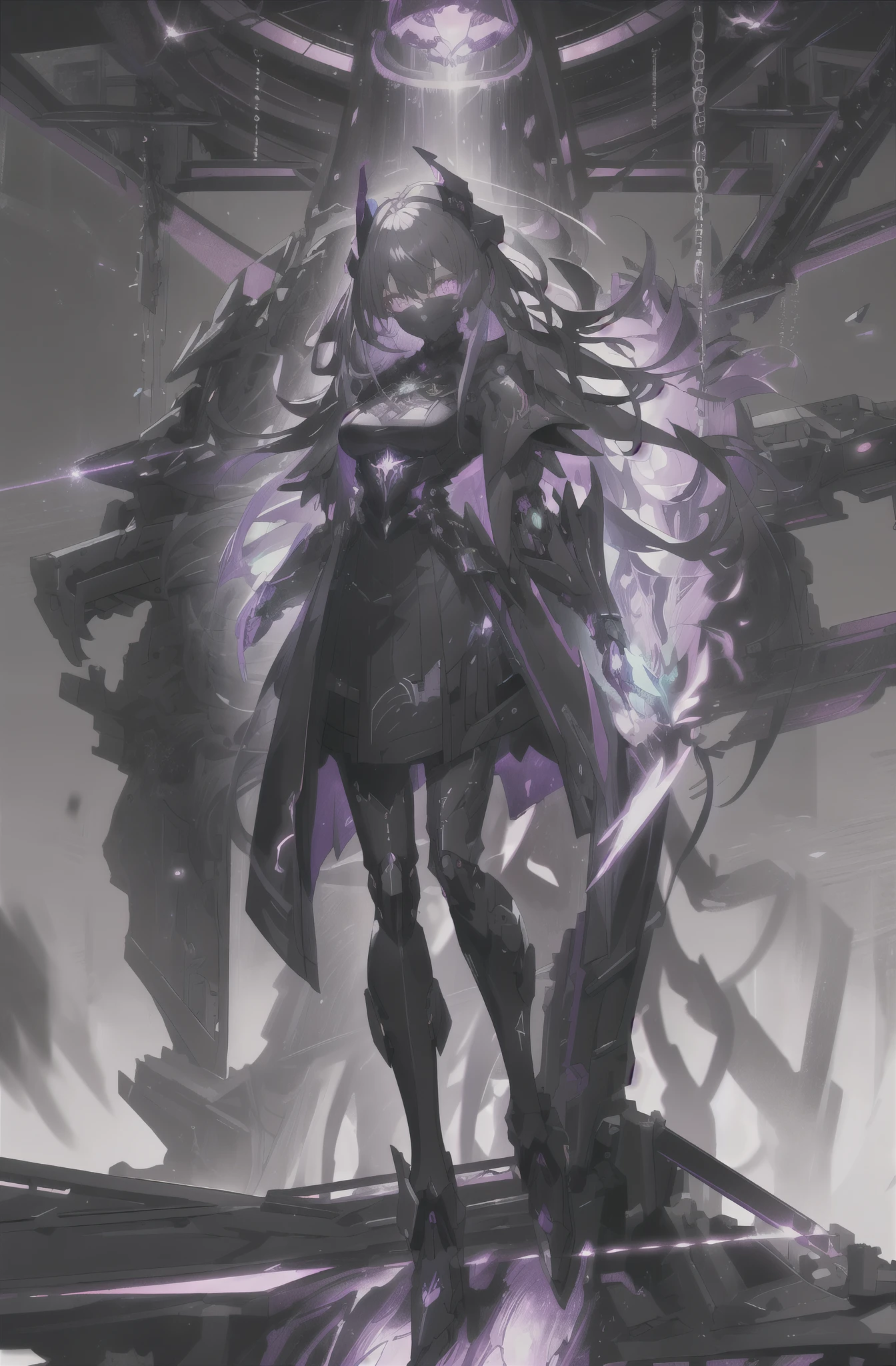Dark_Fantasy, cyberpunk, (black purple: 1.1), 1 person, mechanical marvel, robot existence, cybernetics guardian, full body, armored dress, gray hair, long hair, mask, chinese style, shawl, black long dress, glowing eyes, purple eyes, expressionless, surrealism, drop shadow, stereogram, tachi-e, Chiaroscuro, 8k, super detail, ccurate, best quality, black dress, shawl, mechanical doll, black boots, standing in dark church, composition, proportions, foreground, medium scene, background, perspective, light, color, texture, detail, beauty, wonder. Quiet and eerie, high details, super detail, single, armored dress, dark fantacy, UHD, masterpiece, best quality, royal sister, stained glass, pretty detailed eyes, jellyfish, hand armor