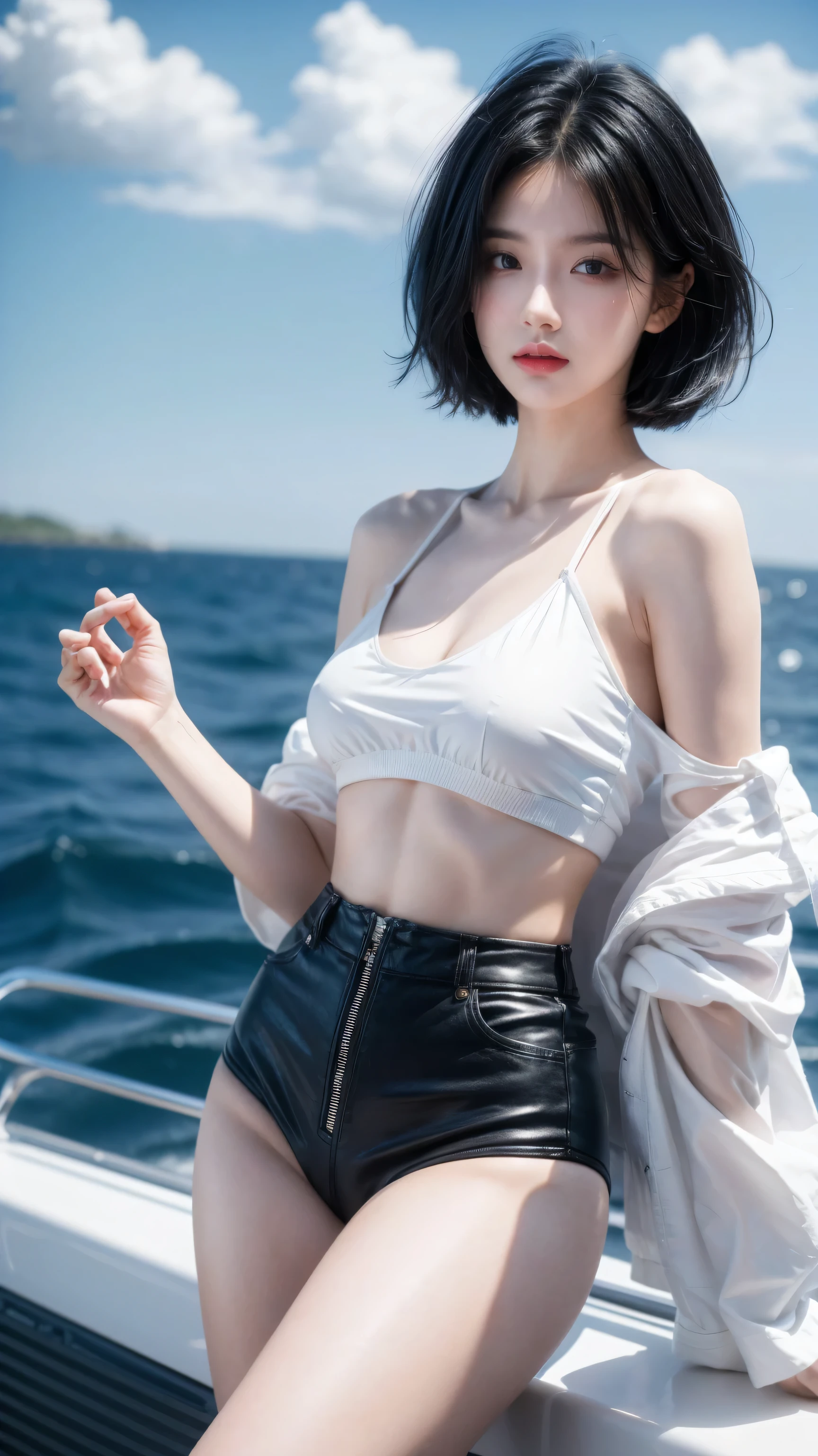 best quality, 1 Girl, dark blue hair, black eyes, Very short hair, Spiky hair, Crop Top white, High waist short white, 171 cm, Messy hair, Hair between the eyes, Medium breasts, full, Tomboy, aldult, 20 years old, 1 Girl near yatch luxury at the sea