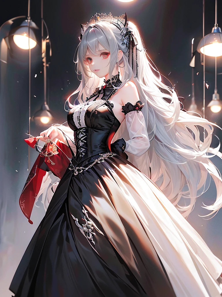 parfect anatomy、top-quality、masuter piece、ultra-detailliert、8k、Correct depiction of the human body、Full Body Angle、Delicately drawn face、Woman with a pretty face、Gothic Lolita Fashion、Black Gothic Lolita Fashion、Black and white costume、Beautiful silky silver hair:1.5、Red big hair ornament、Red ribbon hair ornament、Red big hair ornament、Standing、Front Angle、Full Body Angle、(((blurry backround:1.5、Photography Studio、greybackground:1.5、greybackground、greybackground、greybackground、greybackground、Film Lighting、Professional Photographer)))