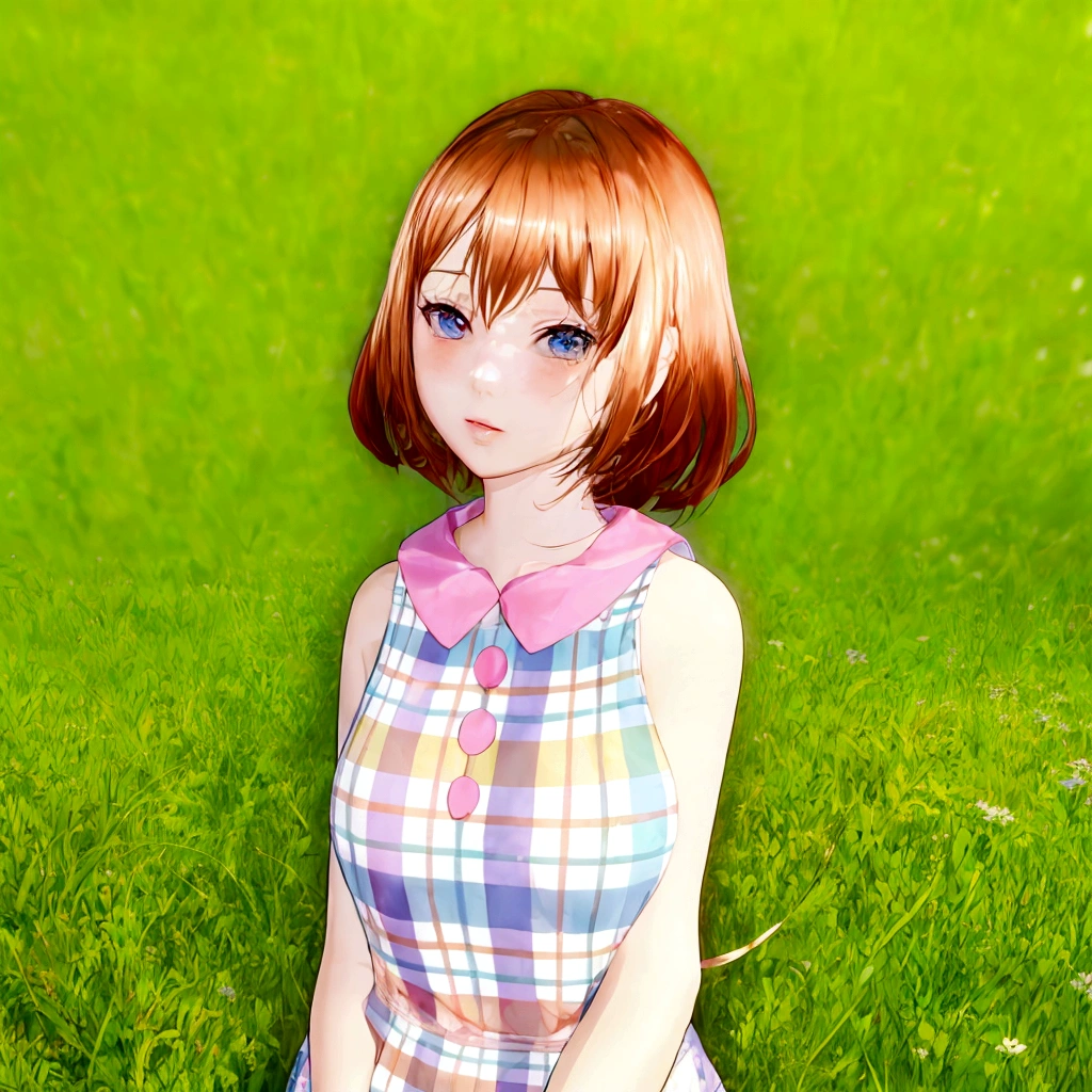 Anime girl standing in a meadow wearing a plaid dress, sayori, Cute realistic portrait, Smooth anime CG art, Realistic Anime 3D Style, Realistic young anime girl, In the grassland, Front view of a girl in a flower field, My Dress Up Darling Anime, Surreal Teen, Anime-style 3D, Cute 3D anime girl render, Cloth shim