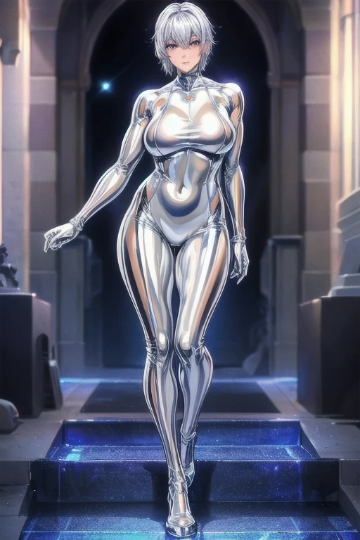 5 8K UHD、A muscular beauty with short silver hair wearing a shiny full-body silver suit is posing muscularly、A shiny silver latex suit that covers the skin、Masterpiece, Full Body Shot.,