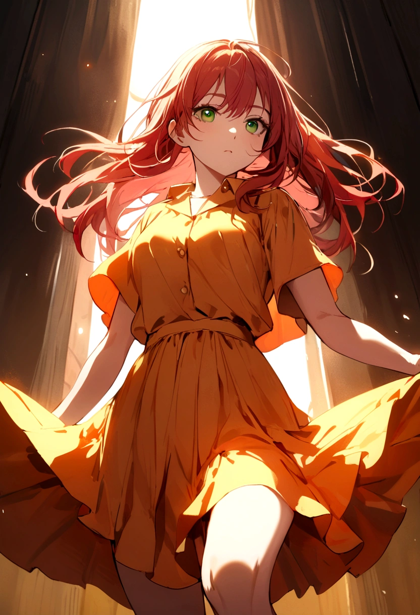 female with shoulder length red hair, green eyes, orange shirt, yellow clip, knee length red skirt