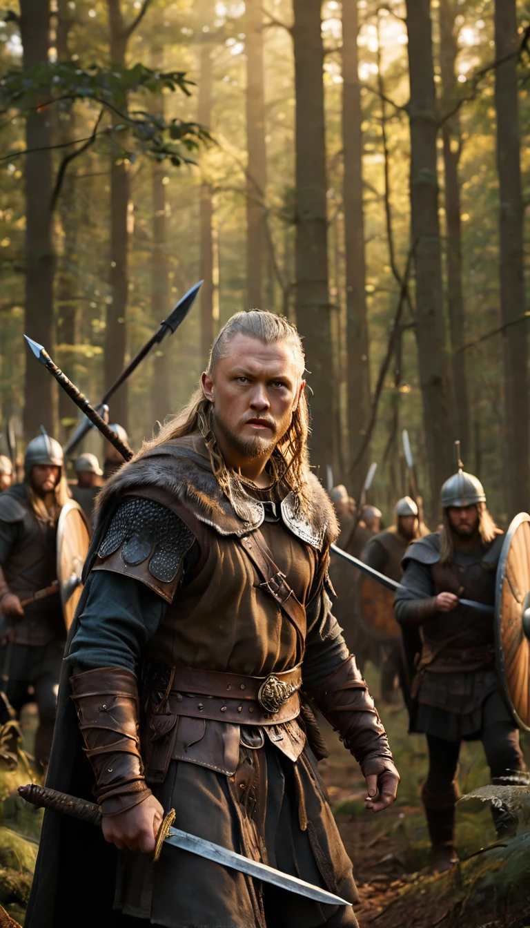 As the sun began to set, The warm golden color of the sun shone on his clothes, Illustrate Ragnar Lothbrok leading his Viking warriors through a dense forest, with swords drawn and shields raised, background dark, hyper realistic, ultra detailed hyper realistic, photorealistic, Studio Lighting, reflections, dynamic pose, Cinematic, Color Grading, Photography, Shot on 50mm lens, Ultra-Wide Angle, Depth of Field, hyper-detailed, beautifully color, 8k, golden light from the front,