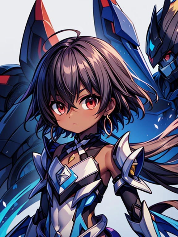 (((dark skin tone))),dark skin male, femboy, dark skin, cute shota,red eyes, blue mecha hairpin, dark brown hair medium hair,wearing a black exoskeleton, detached sleeves, blue mecha Gauntlets, black full bodysuit, honkai impact herrscher of reason,full armour mecha_musame, mecha magical boy, close up