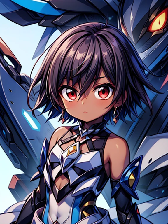 (((dark skin tone))),dark skin male, femboy, dark skin, cute shota,red eyes, blue mecha hairpin, dark brown hair medium hair,wearing a black exoskeleton, detached sleeves, blue mecha Gauntlets, black full bodysuit, honkai impact herrscher of reason,full armour mecha_musame, mecha magical boy, close up