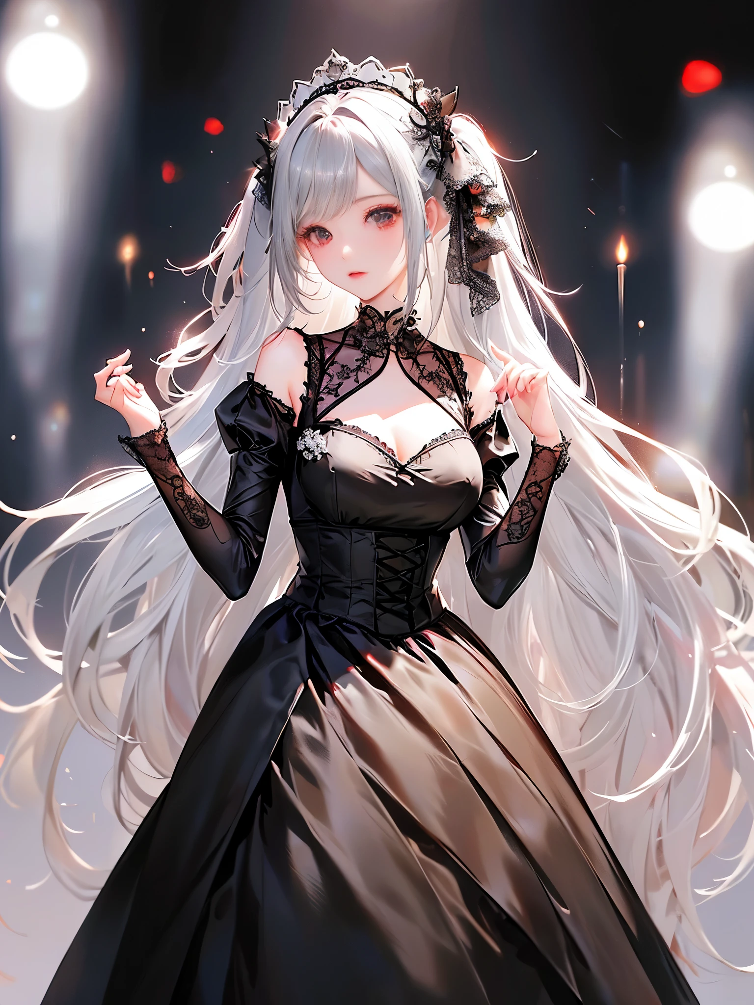 parfect anatomy、top-quality、masuter piece、ultra-detailliert、8ｋ、Correct depiction of the human body、Full Body Angle、Delicately drawn face、Woman with a pretty face、Gothic Lolita Fashion、Black Gothic Lolita Fashion、Black and white costume、Beautiful silky silver hair:1.5、Red big hair ornament、Red ribbon hair ornament、Red big hair ornament、Standing、Front Angle、Full Body Angle、(((blurry backround:1.5、Photography Studio、greybackground:1.5、greybackground、greybackground、greybackground、greybackground、Film Lighting、Professional Photographer)))
