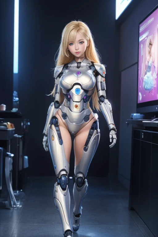 (highest quality ,High resolution,masterpiece:1.2),
 Super detailed, Realistic:1.37, (Perfect Anatomy),
 Like the whole body,One Girl, Cute and perfect beautiful 18 year old Japanese female cyborg,
 robot,
 Android, (Cyborg surgery) Battle Mode　Battle Look, Beautiful Eyes,
 Combat pose, Like the whole body, Detailed facial features, Fine hair, Detailed costume, Amazing eyes, Beautiful Lips,
 blonde,
 The face, top and bottom remain human.,
 The limbs are completely mechanical,
 Appearance at birth, Cyberspace, Full Body Shot
