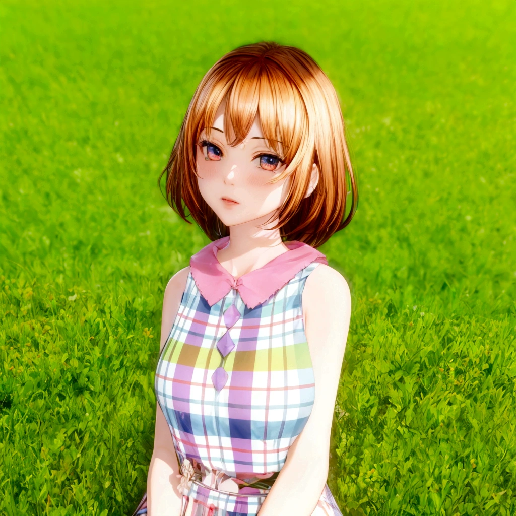 Anime girl standing in a meadow wearing a plaid dress, sayori, Cute realistic portrait, Smooth anime CG art, Realistic Anime 3D Style, Realistic young anime girl, In the grassland, Front view of a girl in a flower field, My Dress Up Darling Anime, Surreal Teen, Anime-style 3D, Cute 3D anime girl render, Cloth shim