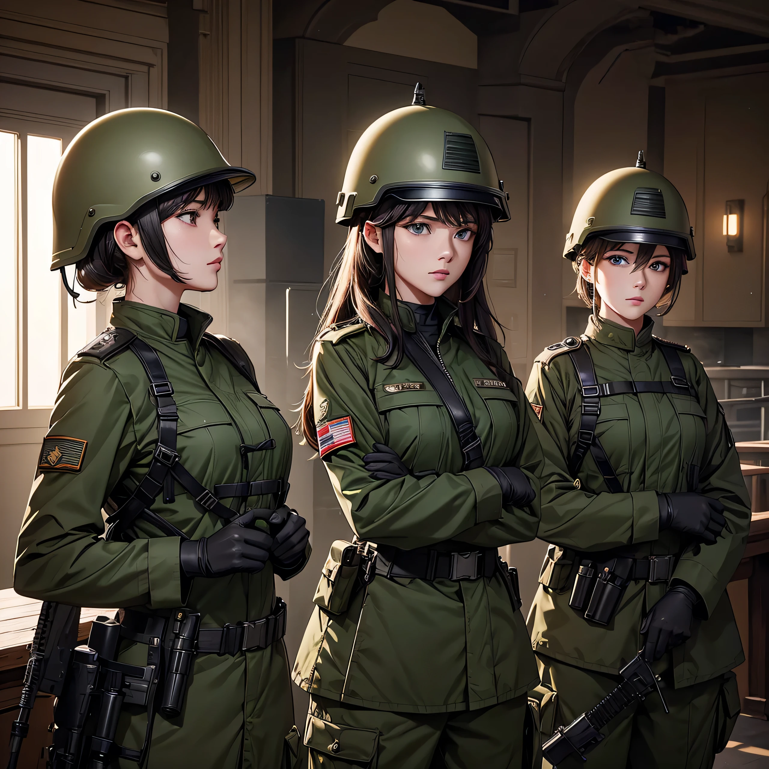 Three female soldiers wearing helmets standing guard、Wearing dark green M51 military coat、military trousers、Tactical gloves、masterpiece、best quality、Highly detailed CG、8K picture quality、theater lighting、lens flare