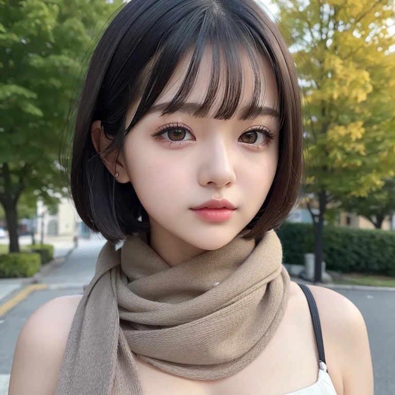 (masterpiece, highest quality),1 girl, alone, scarf, have, Realistic, Realistic, Looking at the audience, Light-coloured black eyes, Brunette short bob hair with highly detailed shiny hair, No clothes, Whity, lips, bangs, Outdoor, Mouth closed, Upper Body、Big eyes、eyelash、((There'There'There'There'There'There'There'、Very simple blue background:1.8))、(((bangsのあるショートヘア、Big eyes、big and full chest、Looking at the audience、Beautiful beauty、Show me your ears、Long neck、smile、please close your mouth and smile)))、Ideal body type、{Huge|big|Hugeな|Mega} chest, chestの谷間:2幸せなsmile,Masturbation
