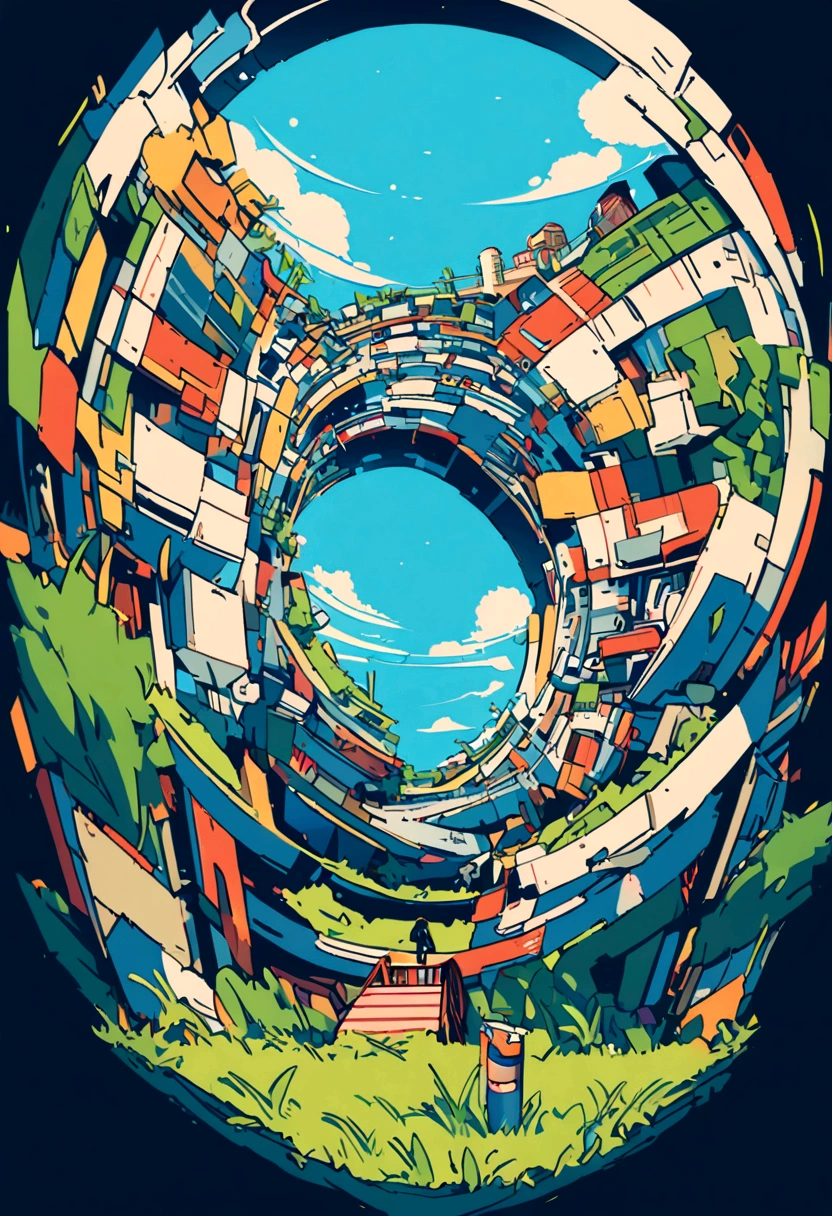 illustration, Smart trash cans, Technology,High-tech,design diagram,Surrounded by green grass, blue sky background, water, Sunlight, low angle view. Paper cut art style, simple, fashionable, bright, Empty Space, 2D, Redshift, Arnold Renderer, High Detail, high quality.