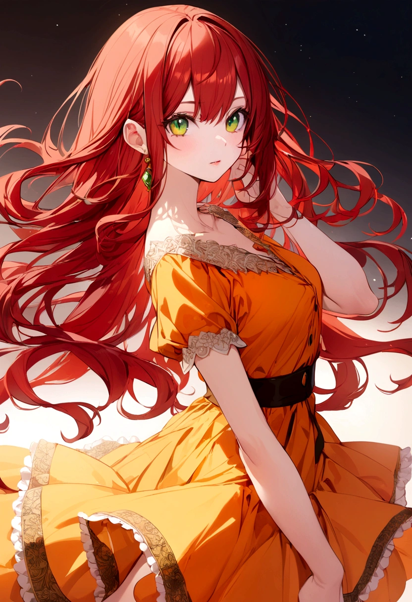 female with shoulder length red hair, green eyes, orange shirt, yellow clip, knee length red skirt