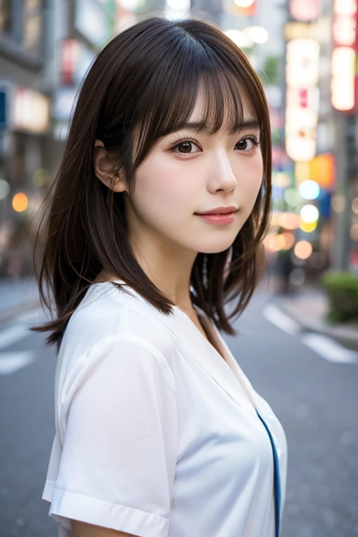 ((Photoreal)), 8K full-length portrait, (Beautiful woman), (Japanese woman), (detailed face), attractive look, Clear system, 18-year-old, Tokyo city, summer, for the background, medium hair, 