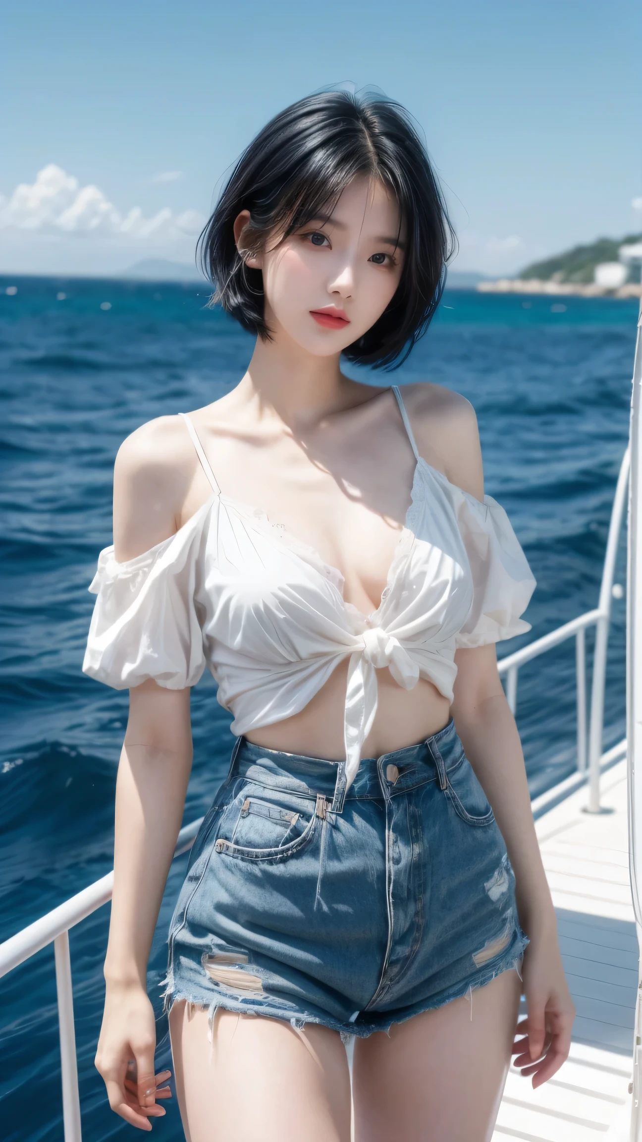 best quality, 1 Girl, dark blue hair, black eyes, Very short hair, Spiky hair, shirt white, High waist short white, 171 cm, Messy hair, Hair between the eyes, Medium breasts, full, Tomboy, aldult, 20 years old, 1 Girl near yatch luxury at the sea