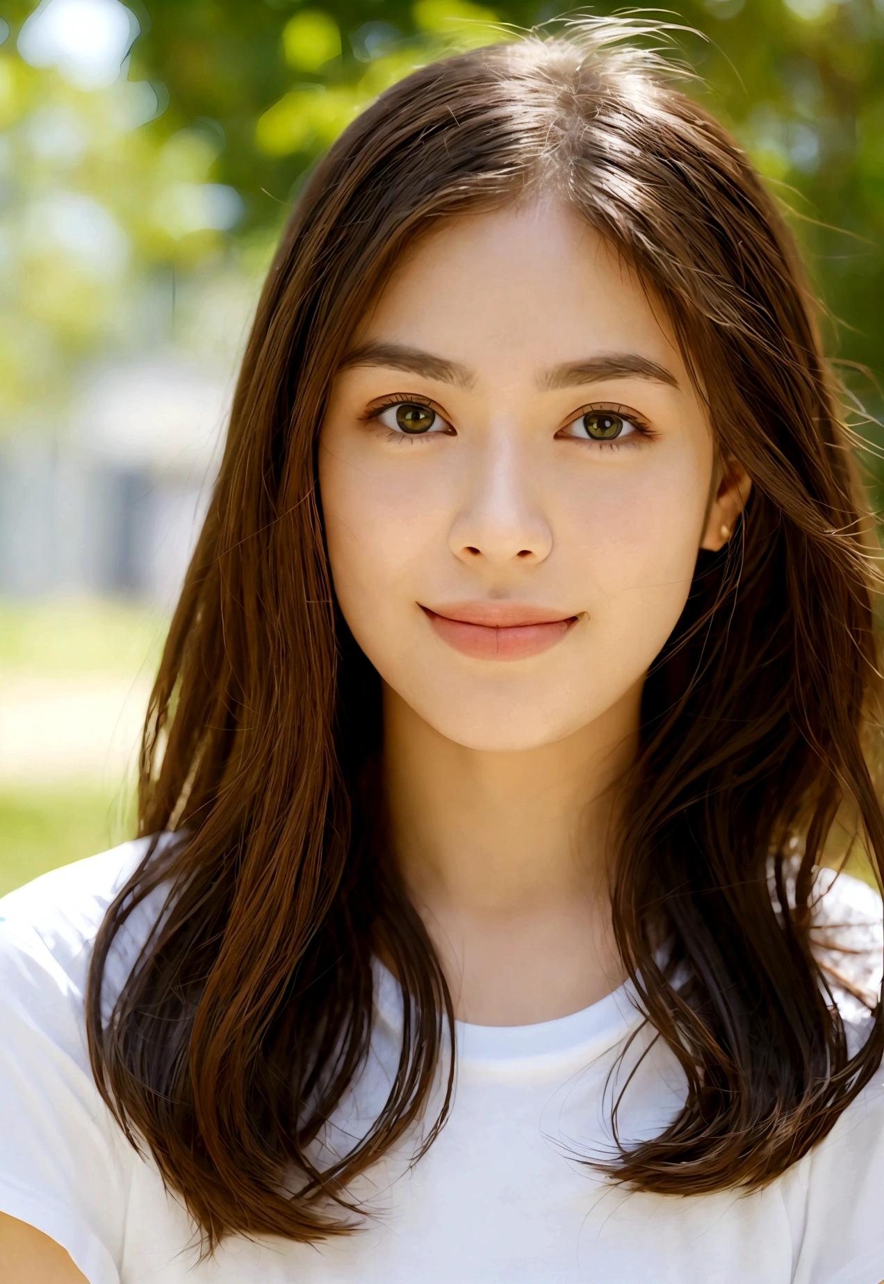 "A photorealistic portrait of a 29-year-old American girl with long sultry dark brown hair and piercing green eyes, and full but natural lips. Oval shaped face but nice defined cheek bones. Wearing white t-shirt. She should have a natural, approachable expression such as a smile and be illuminated by soft, golden-hour sunlight. The background should be a scenic outdoor setting, with a lot of trees. Capture this image with a high-resolution photograph using an 85mm lens for a flattering perspective."