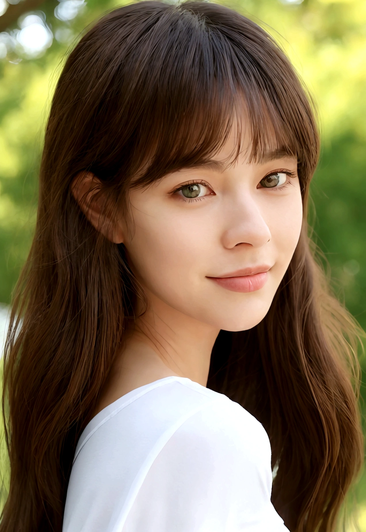 "A photorealistic portrait of a 29-year-old American girl with long sultry dark brown hair and piercing green eyes, and full but natural lips. Oval shaped face but nice defined cheek bones. Wearing white t-shirt. She should have a natural, approachable expression such as a smile and be illuminated by soft, golden-hour sunlight. The background should be a scenic outdoor setting, with a lot of trees. Capture this image with a high-resolution photograph using an 85mm lens for a flattering perspective."