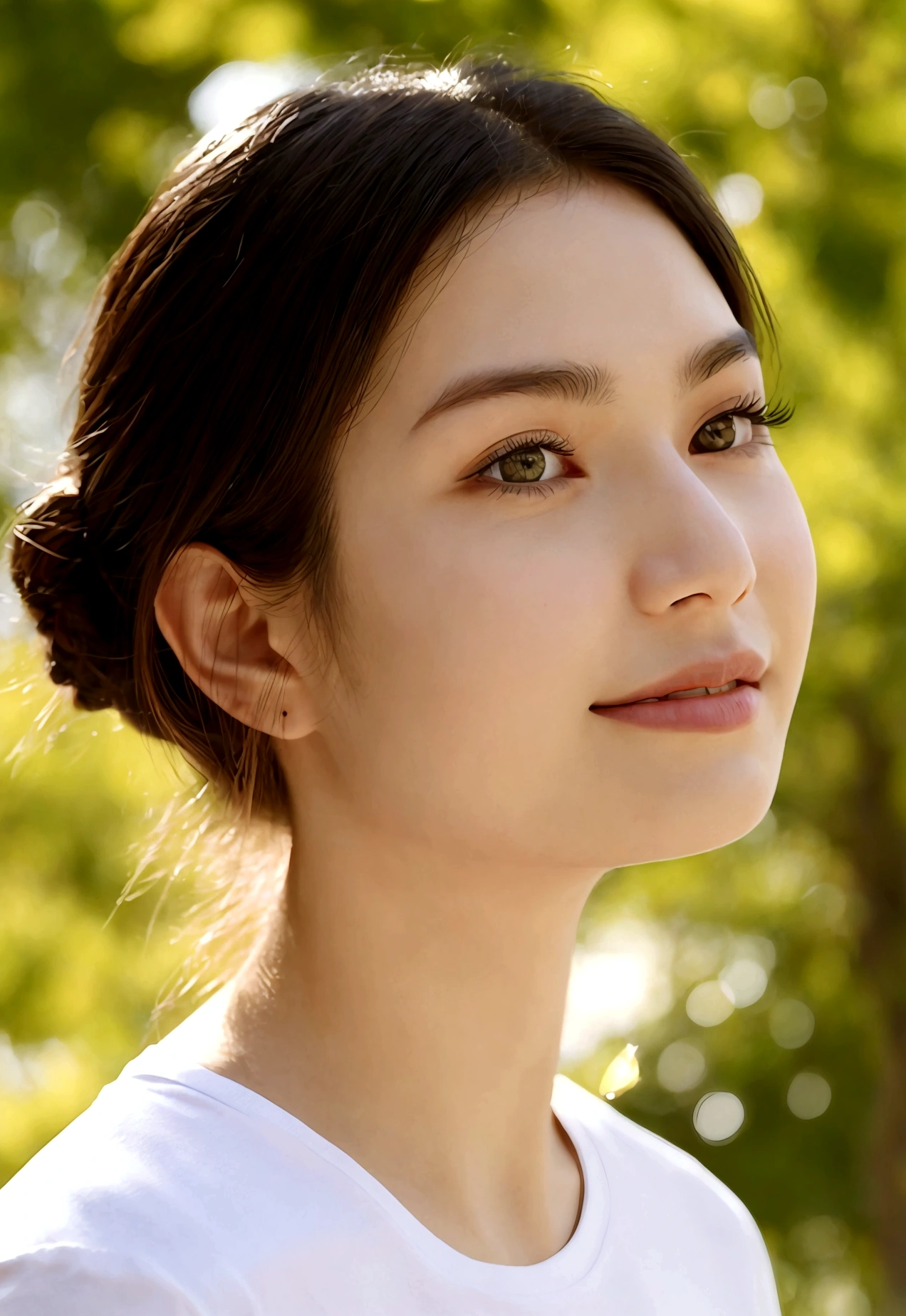 "A photorealistic portrait of a 29-year-old American girl with long sultry dark brown hair and piercing green eyes, and full but natural lips. Oval shaped face but nice defined cheek bones. Wearing white t-shirt. She should have a natural, approachable expression such as a smile and be illuminated by soft, golden-hour sunlight. The background should be a scenic outdoor setting, with a lot of trees. Capture this image with a high-resolution photograph using an 85mm lens for a flattering perspective."
