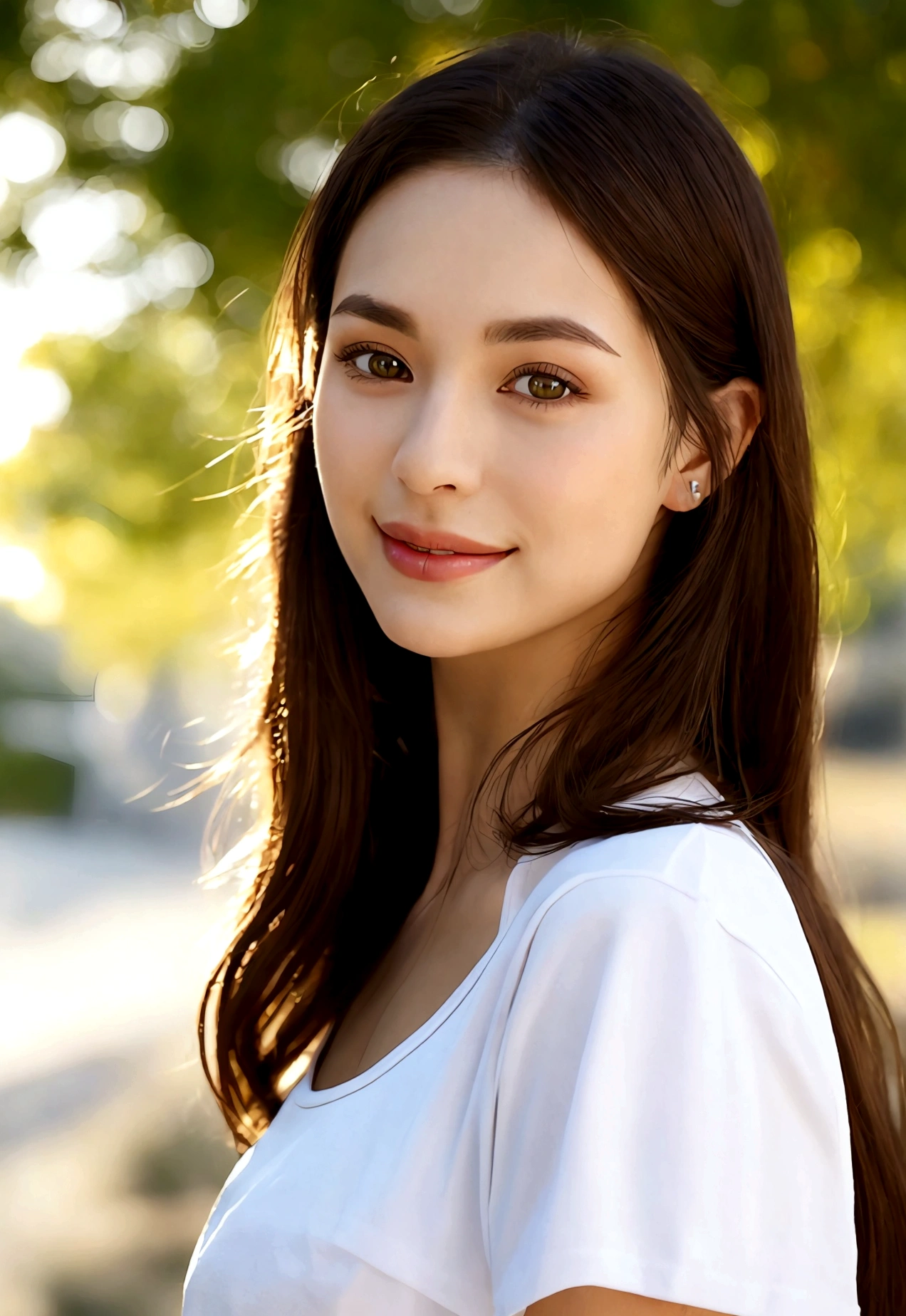 "A photorealistic portrait of a 29-year-old American girl with long sultry dark brown hair and piercing green eyes, and full but natural lips. Oval shaped face but nice defined cheek bones. Wearing white t-shirt. She should have a natural, approachable expression such as a smile and be illuminated by soft, golden-hour sunlight. The background should be a scenic outdoor setting, with a lot of trees. Capture this image with a high-resolution photograph using an 85mm lens for a flattering perspective."