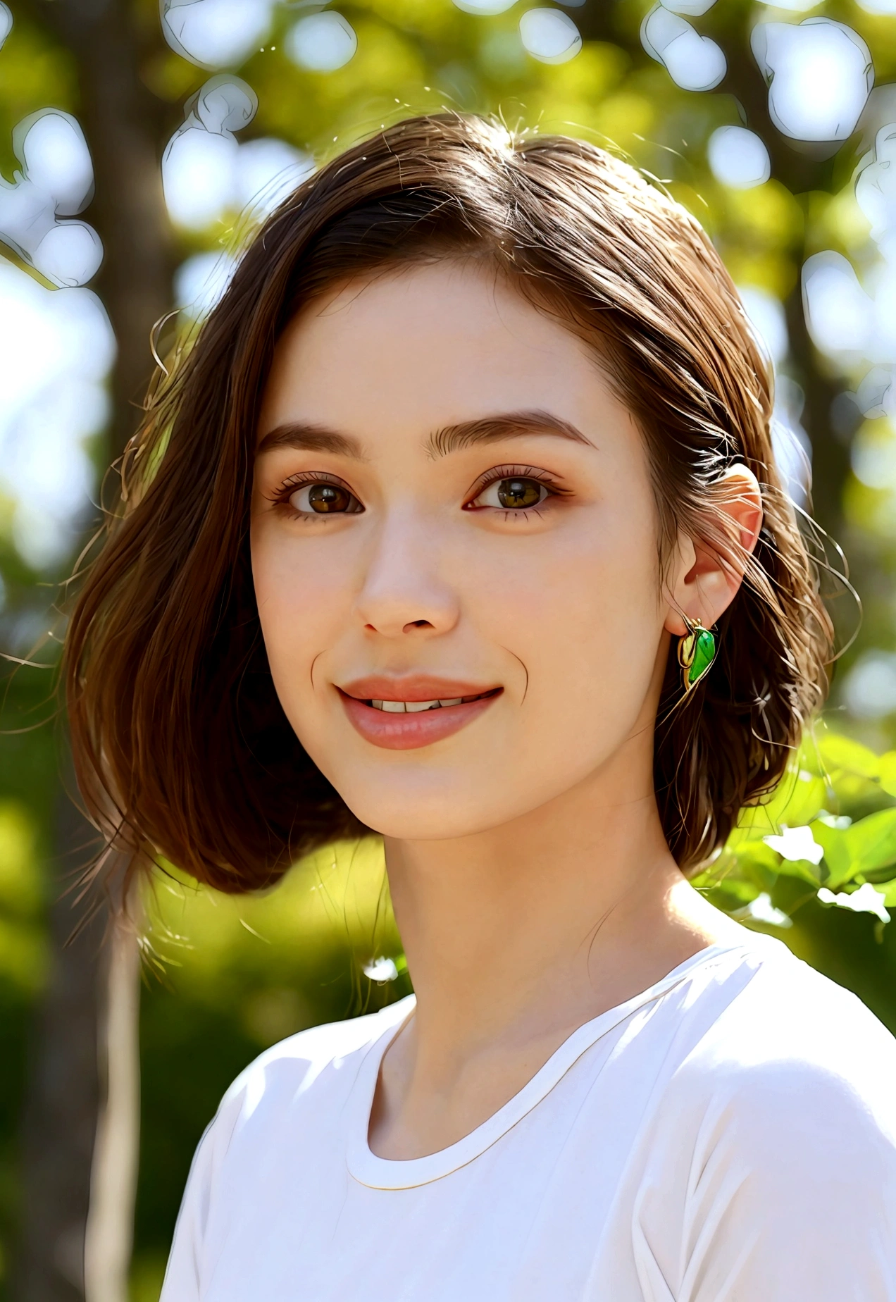 "A photorealistic portrait of a 29-year-old American girl with long sultry dark brown hair and piercing green eyes, and full but natural lips. Oval shaped face but nice defined cheek bones. Wearing white t-shirt. She should have a natural, approachable expression such as a smile and be illuminated by soft, golden-hour sunlight. The background should be a scenic outdoor setting, with a lot of trees. Capture this image with a high-resolution photograph using an 85mm lens for a flattering perspective."