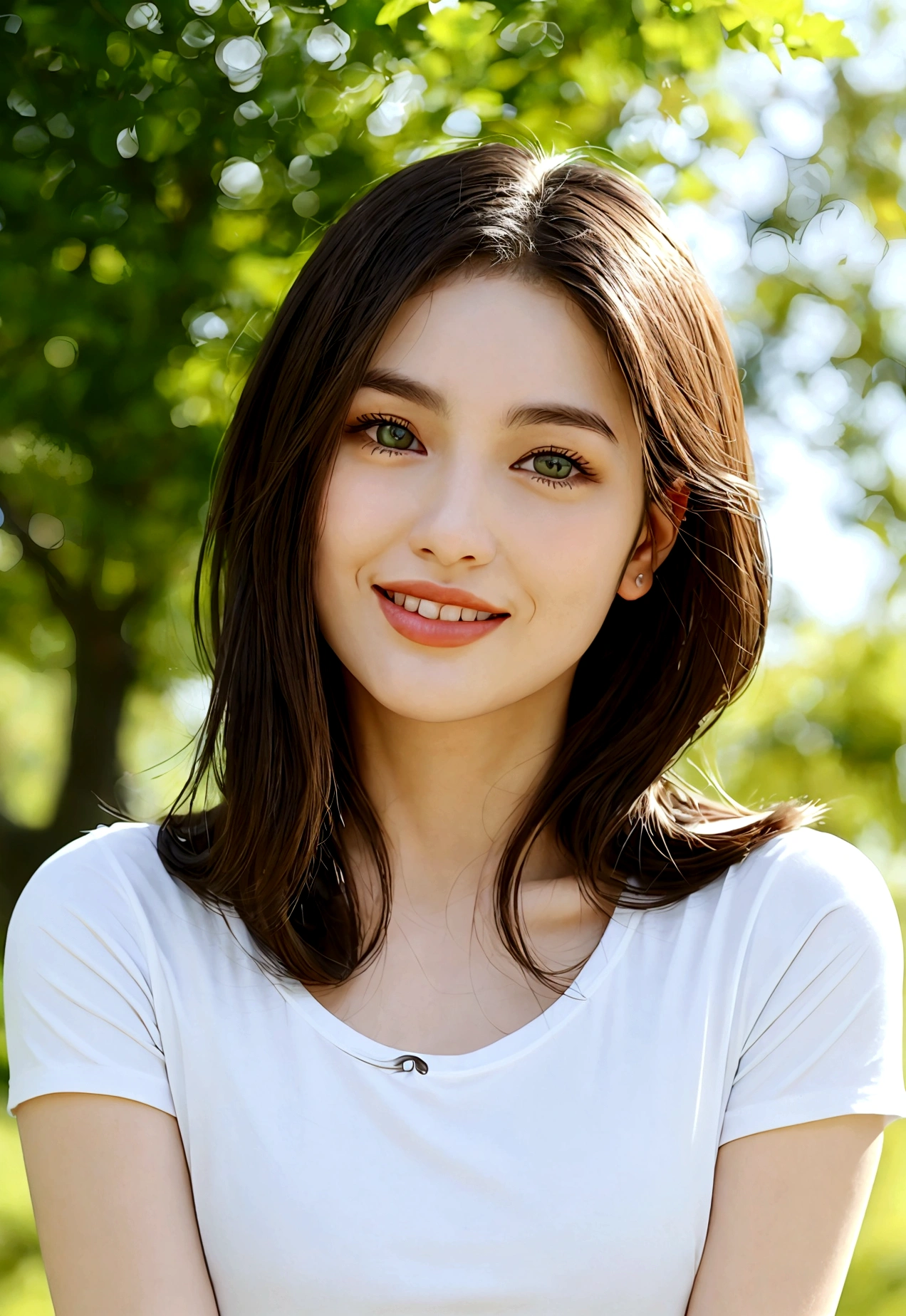 "A photorealistic portrait of a 29-year-old American girl with long sultry dark brown hair and piercing green eyes, and full but natural lips. Oval shaped face but nice defined cheek bones. Wearing white t-shirt. She should have a natural, approachable expression such as a smile and be illuminated by soft, golden-hour sunlight. The background should be a scenic outdoor setting, with a lot of trees. Capture this image with a high-resolution photograph using an 85mm lens for a flattering perspective."