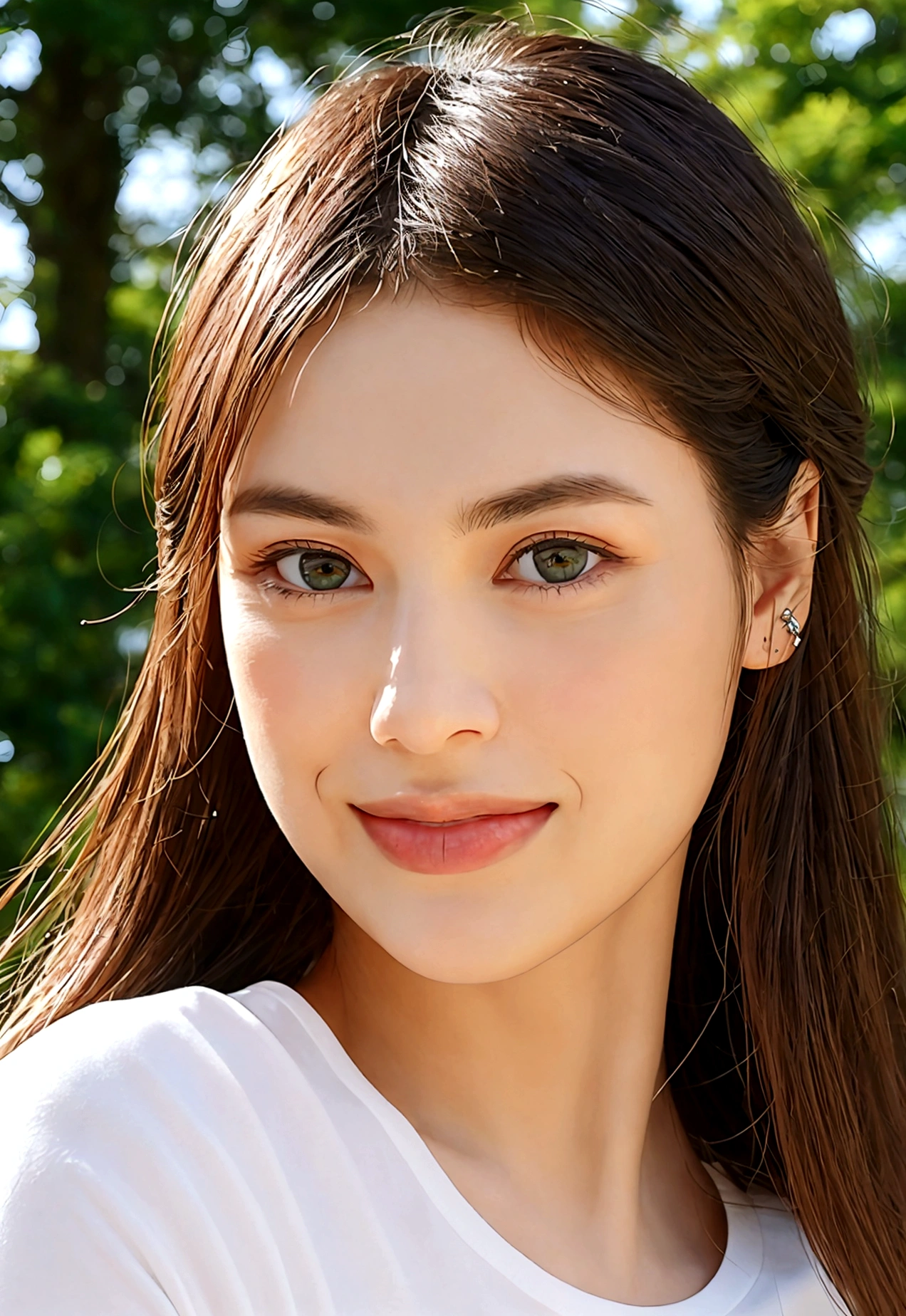 "A photorealistic portrait of a 29-year-old American girl with long sultry dark brown hair and piercing green eyes, and full but natural lips. Oval shaped face but nice defined cheek bones. Wearing white t-shirt. She should have a natural, approachable expression such as a smile and be illuminated by soft, golden-hour sunlight. The background should be a scenic outdoor setting, with a lot of trees. Capture this image with a high-resolution photograph using an 85mm lens for a flattering perspective."