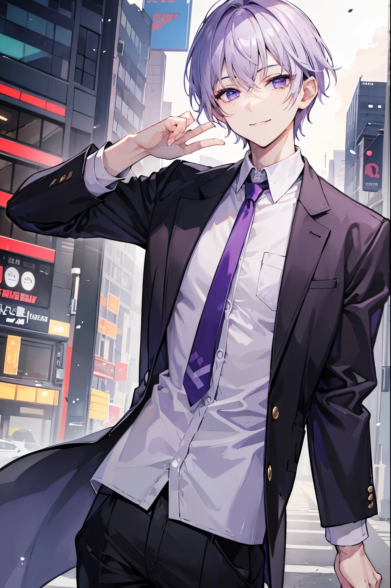 Young people, Grey short hair, Purple eyes, Smile, Modern, Handsome、male
