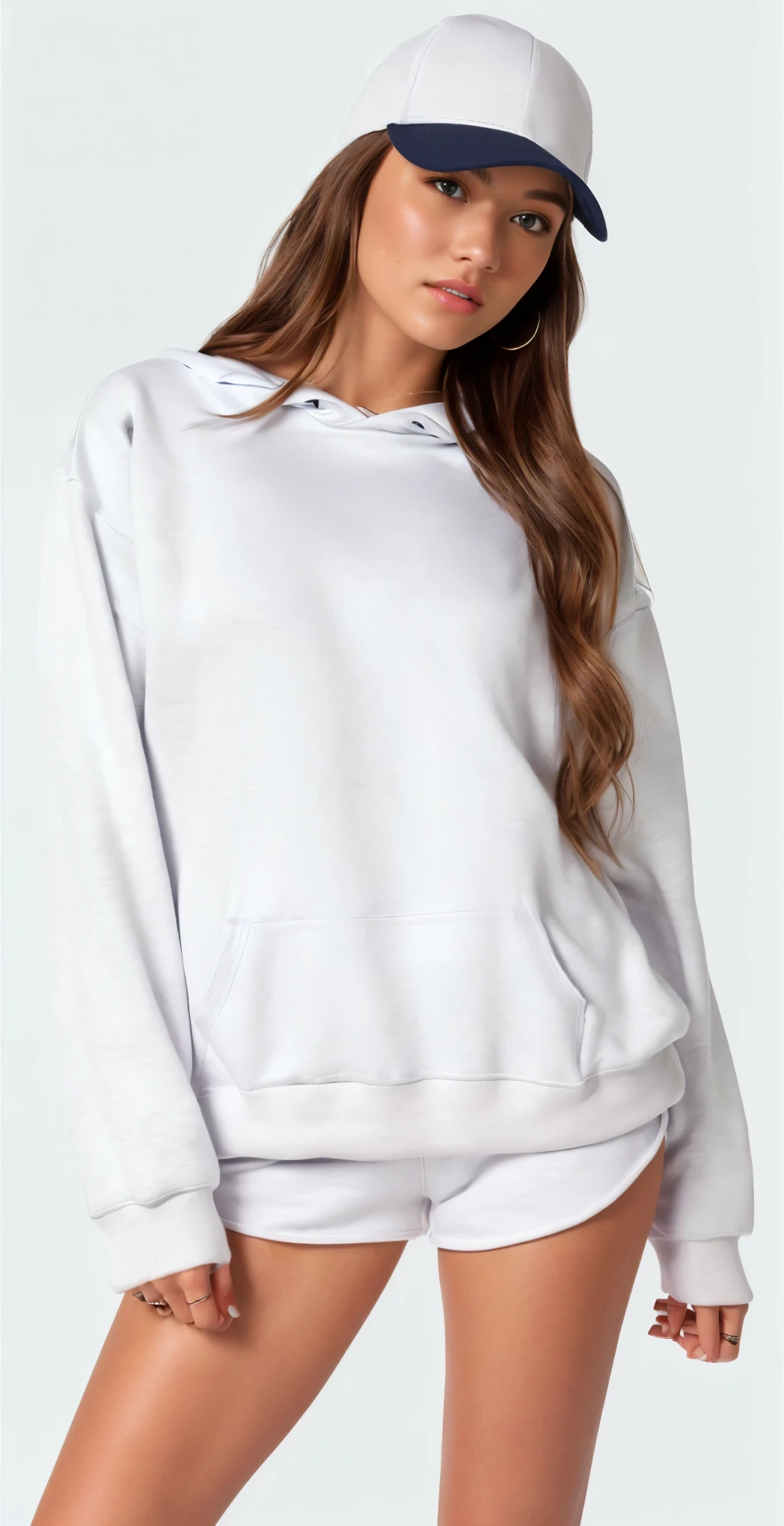 a woman wearing a white sweatshirt and shorts with a baseball cap, vestindo moletom, light cinza, designed for a cozy aesthetic!, cinza sweater, cinza, solid gray, White Sweater, superdimensionado hoodie, Roupa casual, Roupas detalhadas, superdimensionado, wearing a cinza hooded sweatshirt, Moletom cinza, moda casual, Manga compridas, Manga comprida, Julia Colina, light cinza hoodie opened