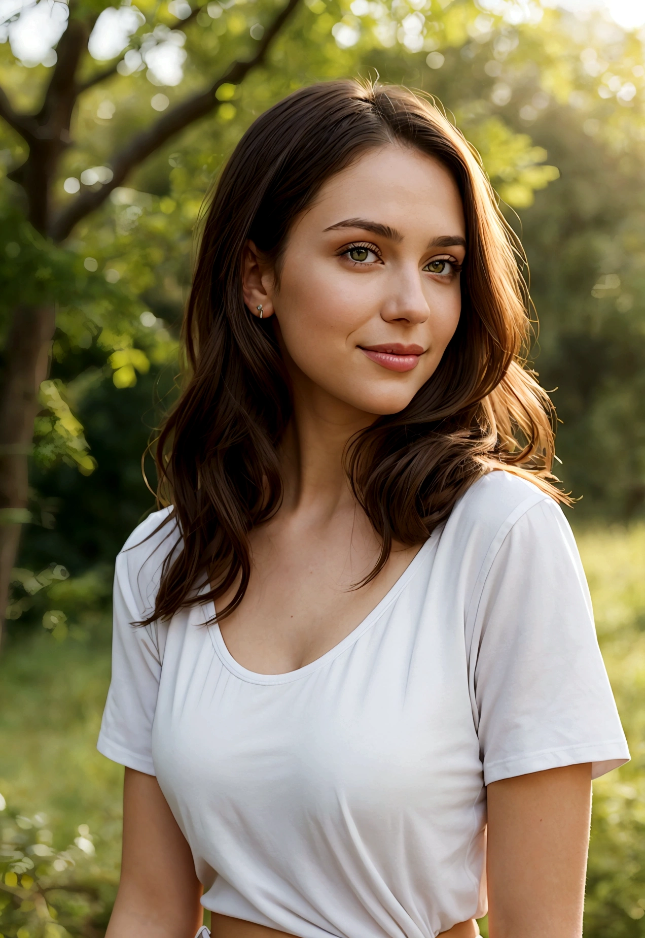 "A photorealistic portrait of a 29-year-old American girl with long sultry dark brown hair and piercing green eyes, and full but natural lips. Oval shaped face but nice defined cheek bones. Wearing white t-shirt. She should have a natural, approachable expression such as a smile and be illuminated by soft, golden-hour sunlight. The background should be a scenic outdoor setting, with a lot of trees. Capture this image with a high-resolution photograph using an 85mm lens for a flattering perspective."