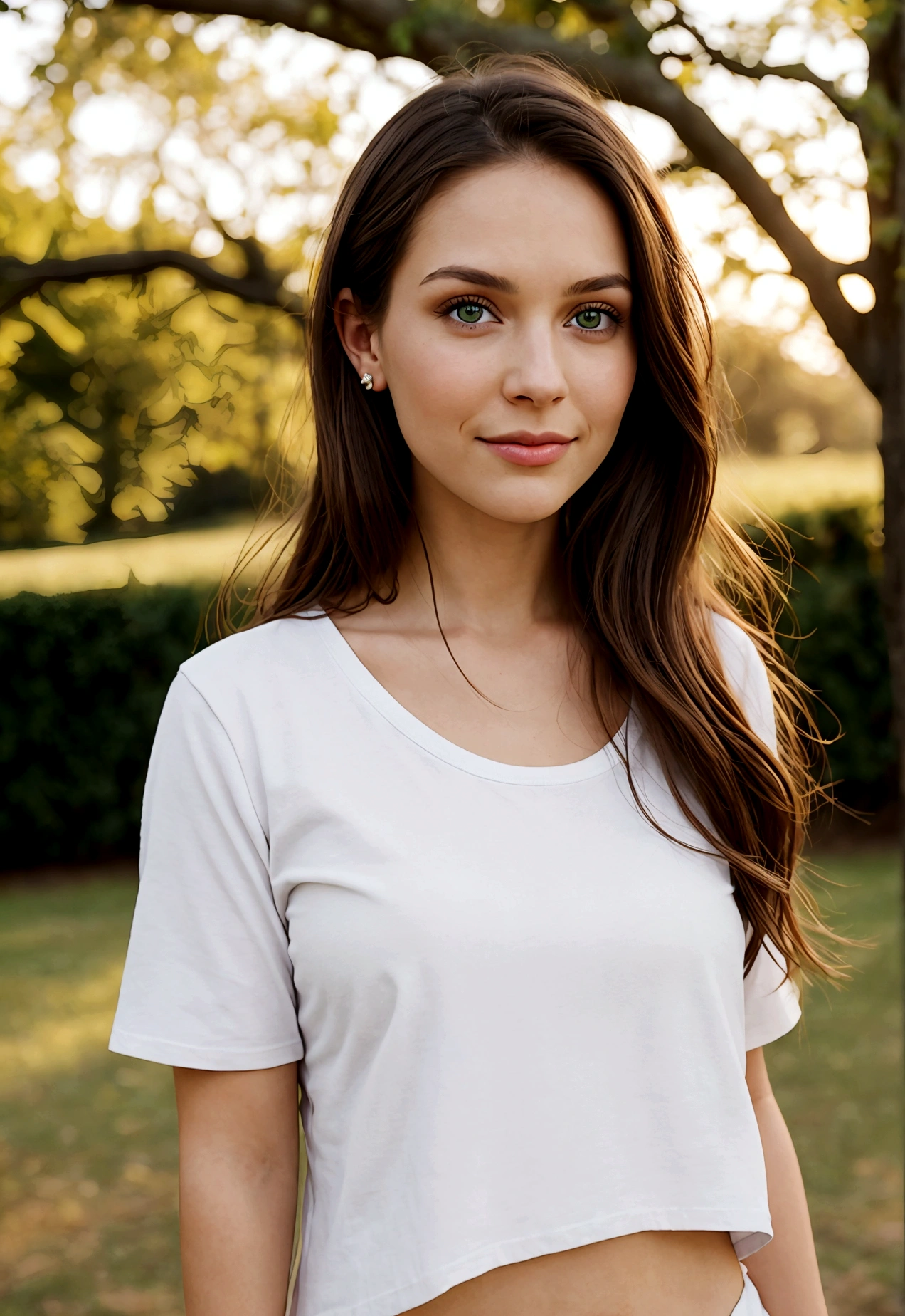 "A photorealistic portrait of a 29-year-old American girl with long sultry dark brown hair and piercing green eyes, and full but natural lips. Oval shaped face but nice defined cheek bones. Wearing white t-shirt. She should have a natural, approachable expression such as a smile and be illuminated by soft, golden-hour sunlight. The background should be a scenic outdoor setting, with a lot of trees. Capture this image with a high-resolution photograph using an 85mm lens for a flattering perspective."